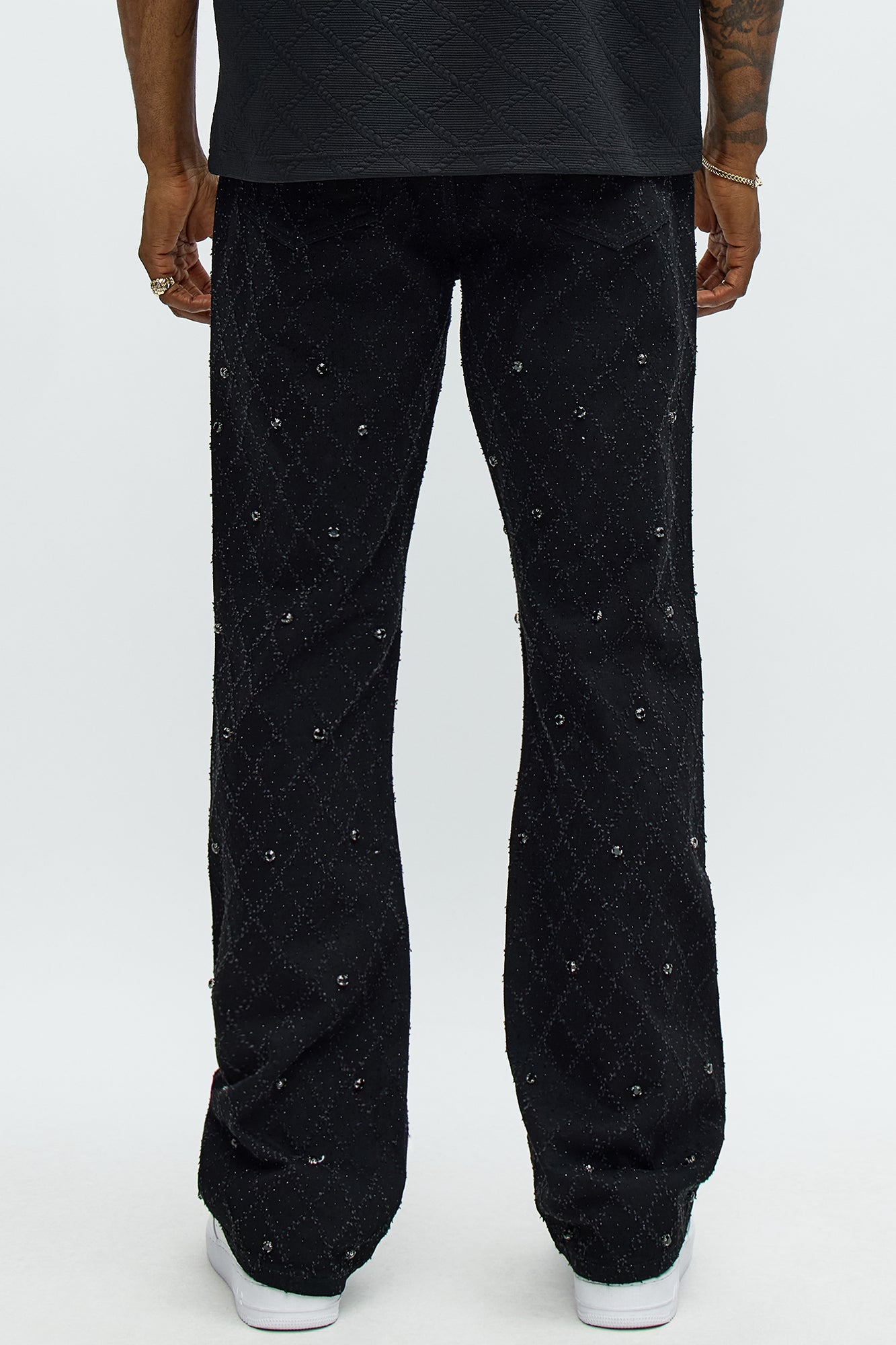 Stacked Slim Flare Wrecked In Jewels Jeans - Black Fashion Nova