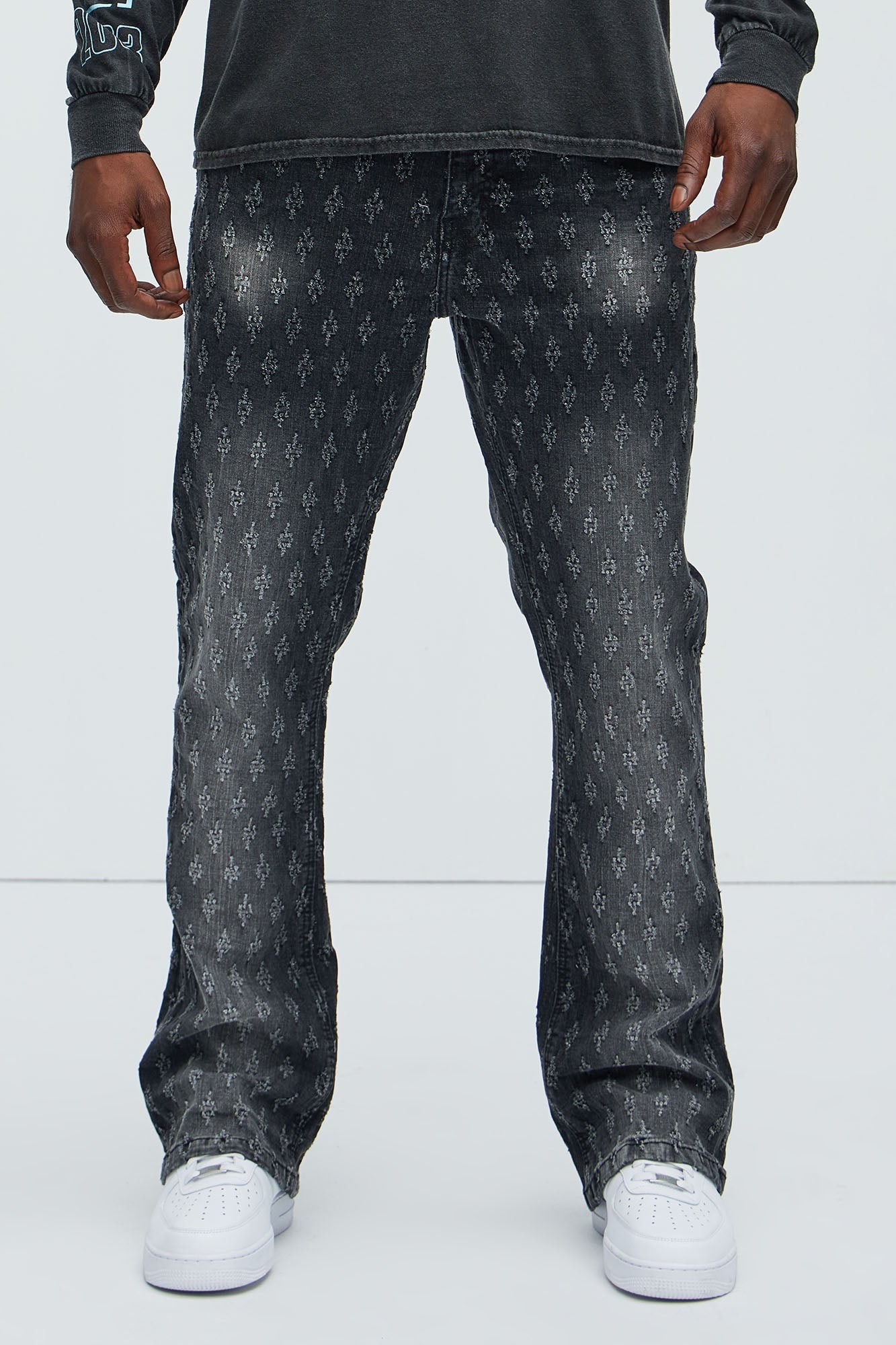 Drilled Slim Stacked Flare Jeans - Black Wash Fashion Nova