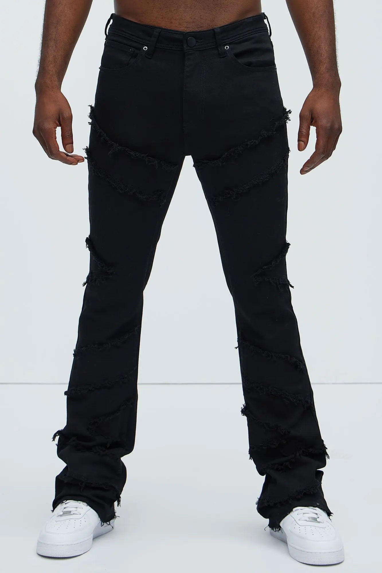 All Over Fray Stacked Skinny Flare Jeans - Black Fashion Nova
