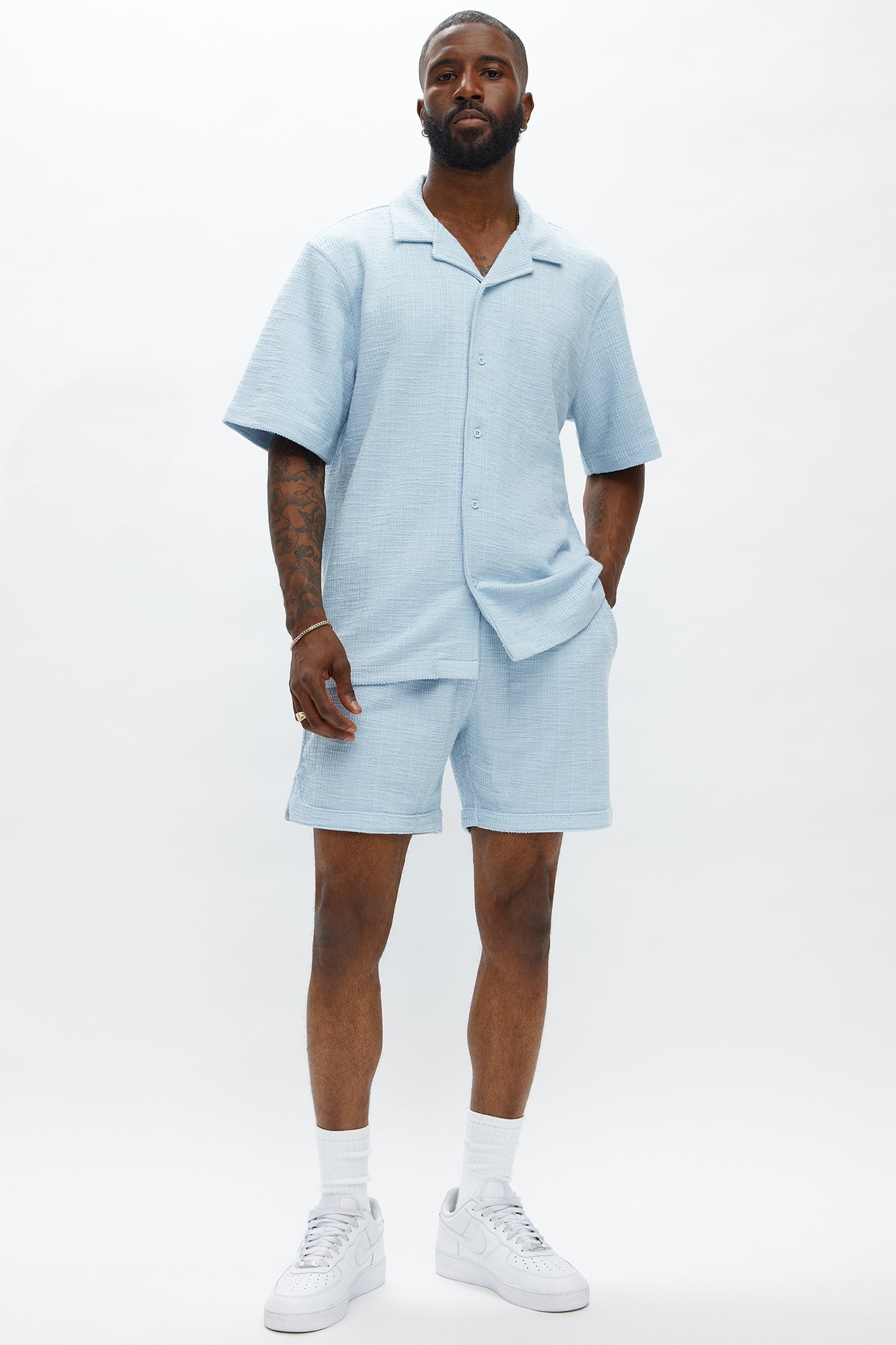 Dean Textured Short Sleeve Button Up Shirt - Light Blue Fashion Nova