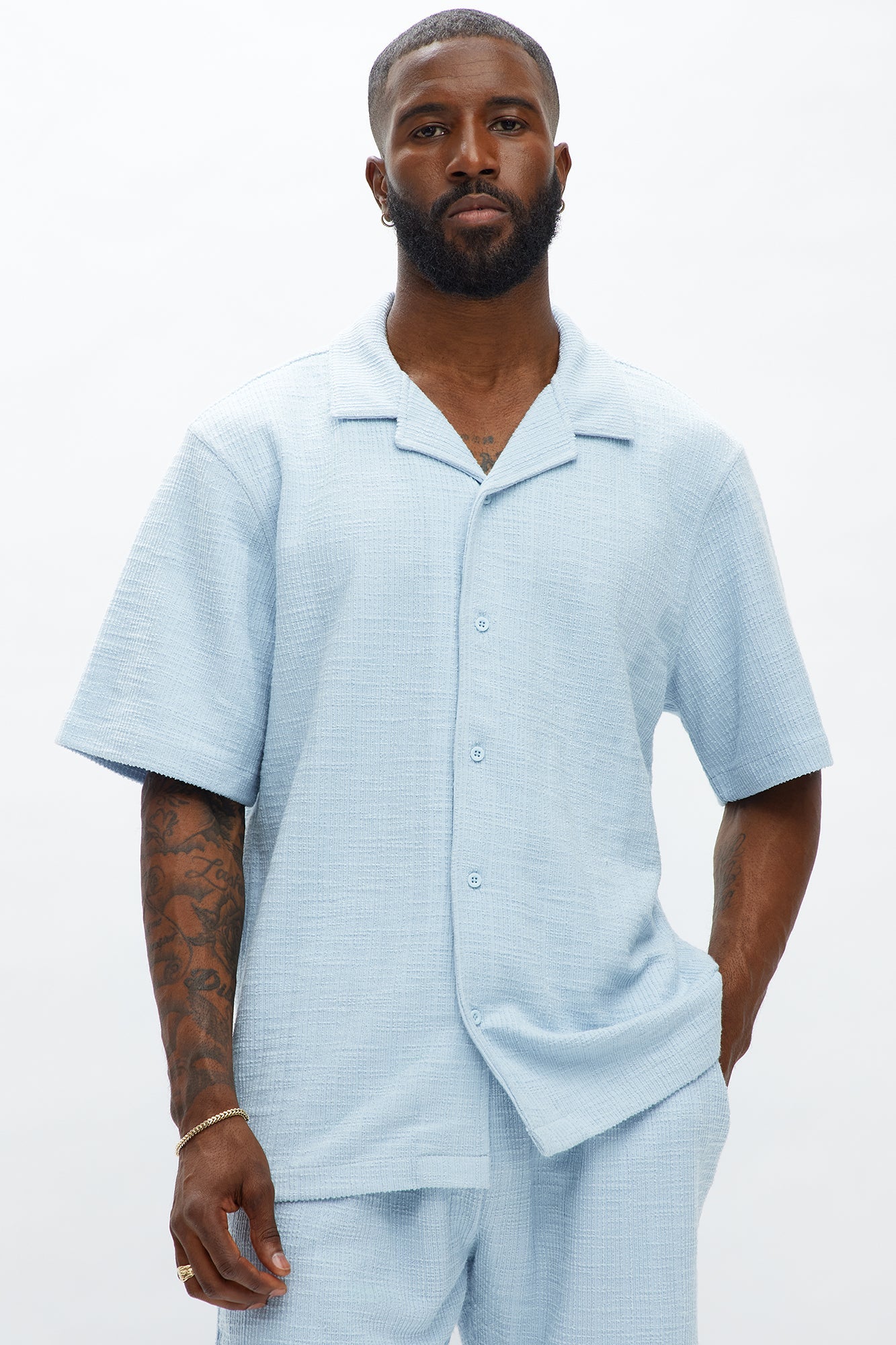 Dean Textured Short Sleeve Button Up Shirt - Light Blue Fashion Nova