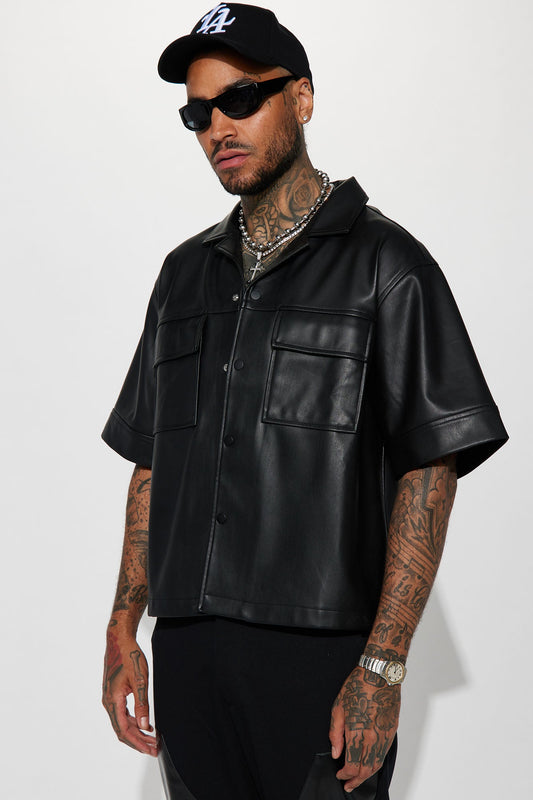 Cropped High Stepper Faux Leather Button Up Shirt - Black Fashion Nova