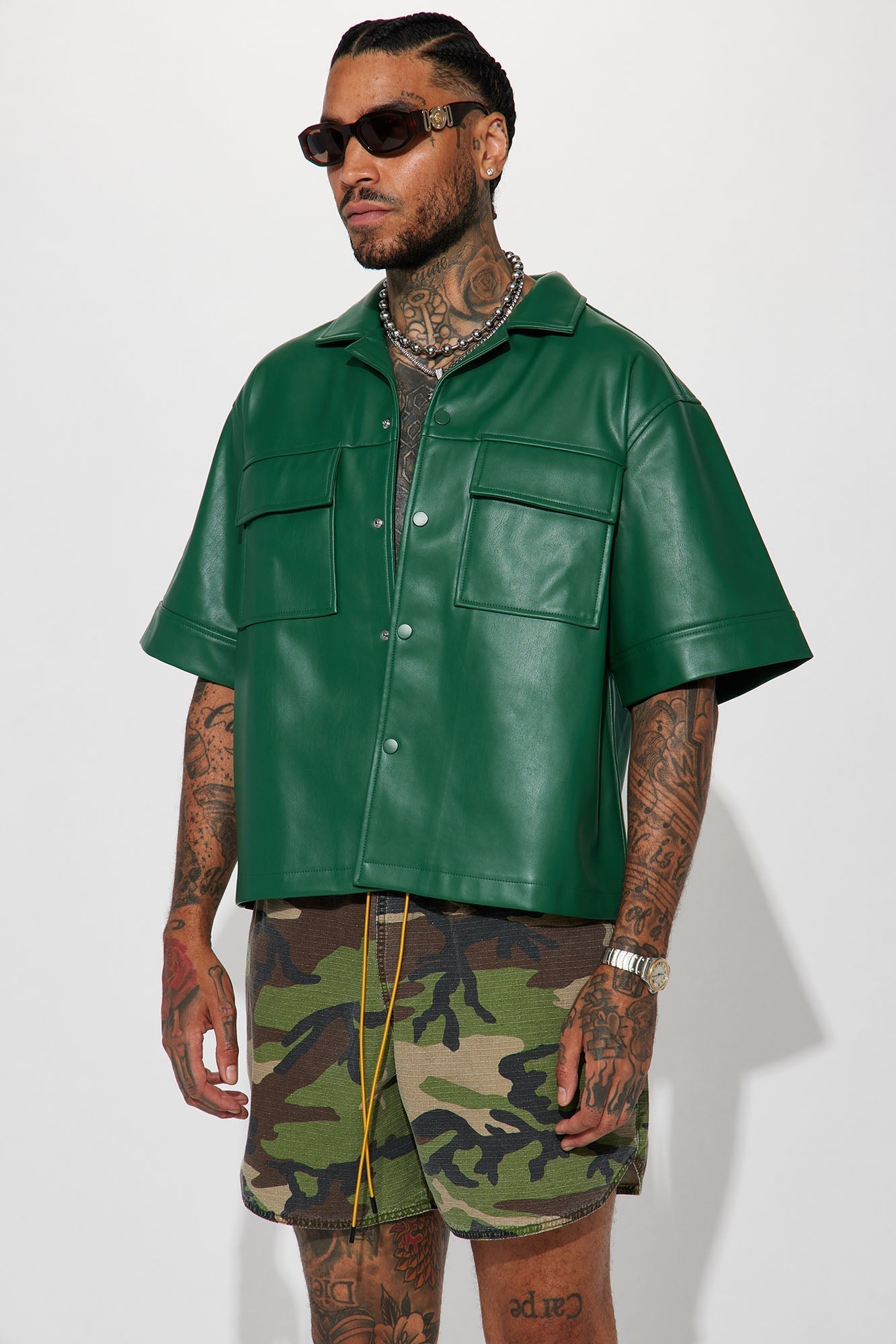 Cropped High Stepper Faux Leather Button Up Shirt - Hunter Fashion Nova