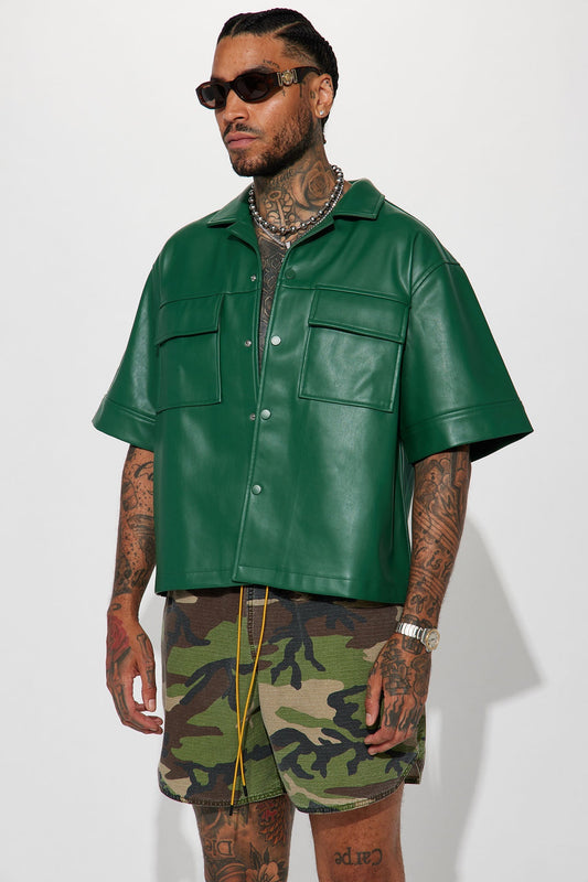 Cropped High Stepper Faux Leather Button Up Shirt - Hunter Fashion Nova