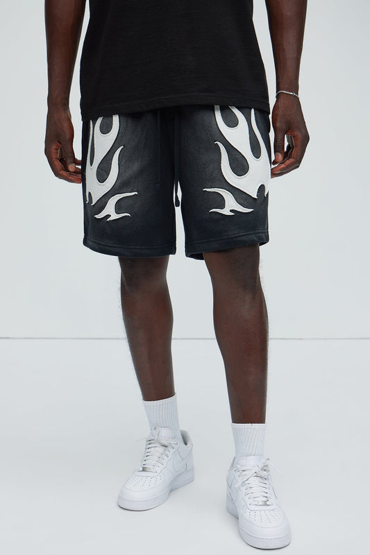 Flame Patch Tyson Relaxed Sweatshorts - Black Fashion Nova