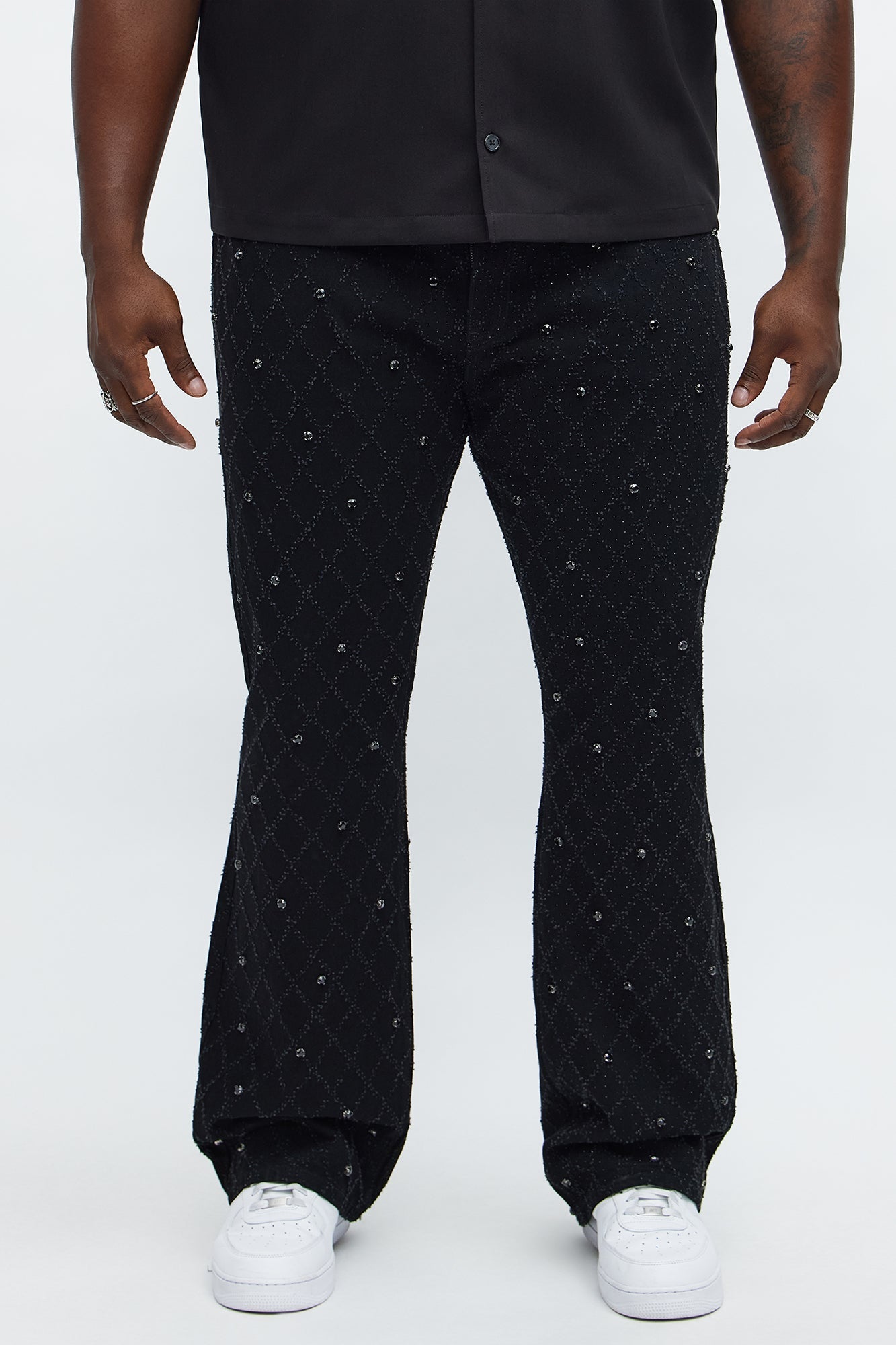 Stacked Slim Flare Wrecked In Jewels Jeans - Black Fashion Nova