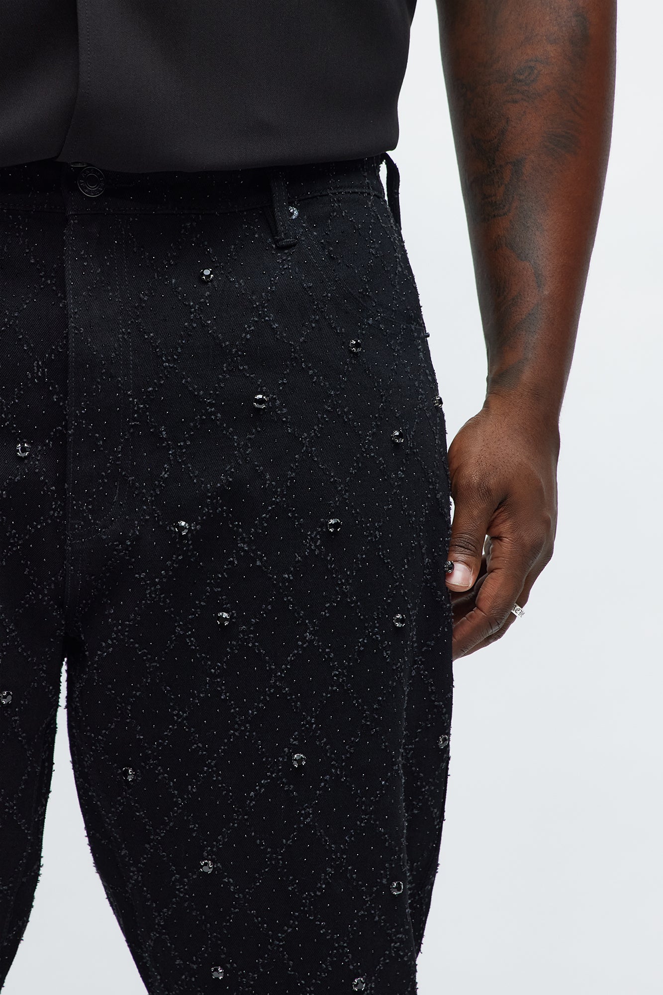 Stacked Slim Flare Wrecked In Jewels Jeans - Black Fashion Nova
