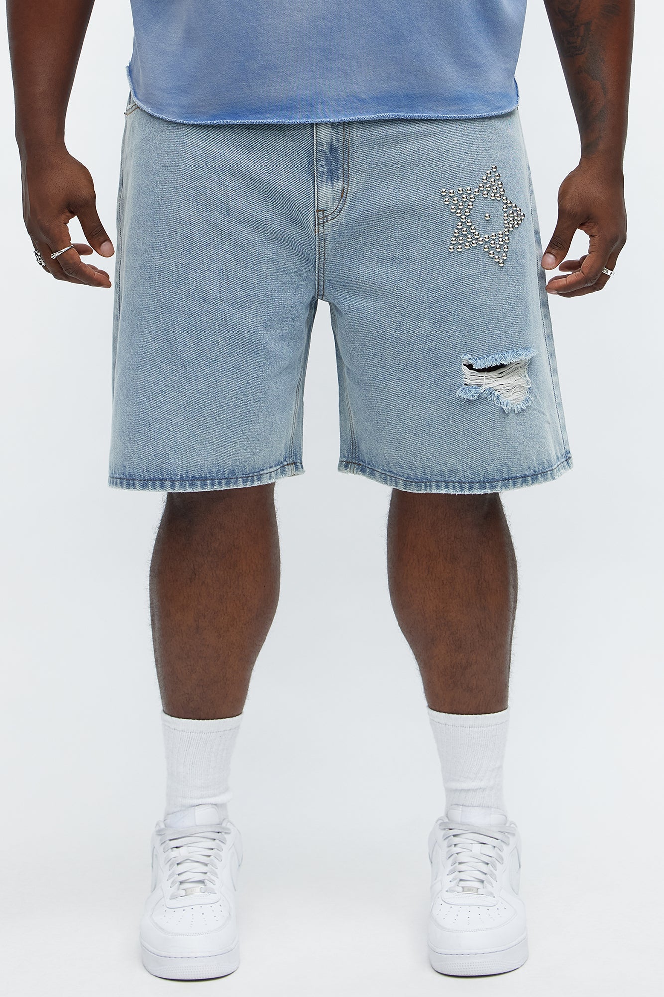 Relaxed Star Studded Denim Shorts - Light Blue Wash Fashion Nova