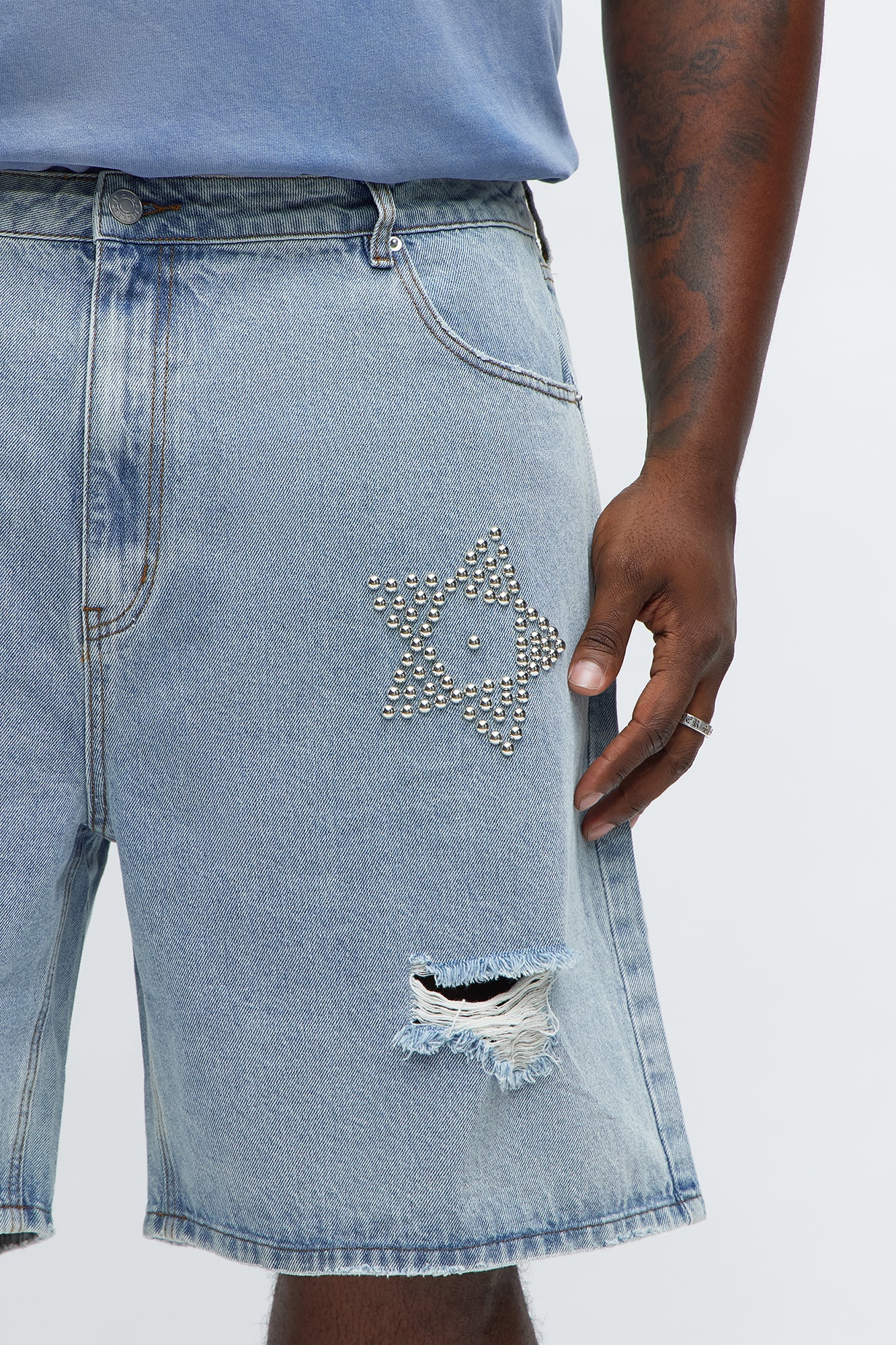 Relaxed Star Studded Denim Shorts - Light Blue Wash Fashion Nova
