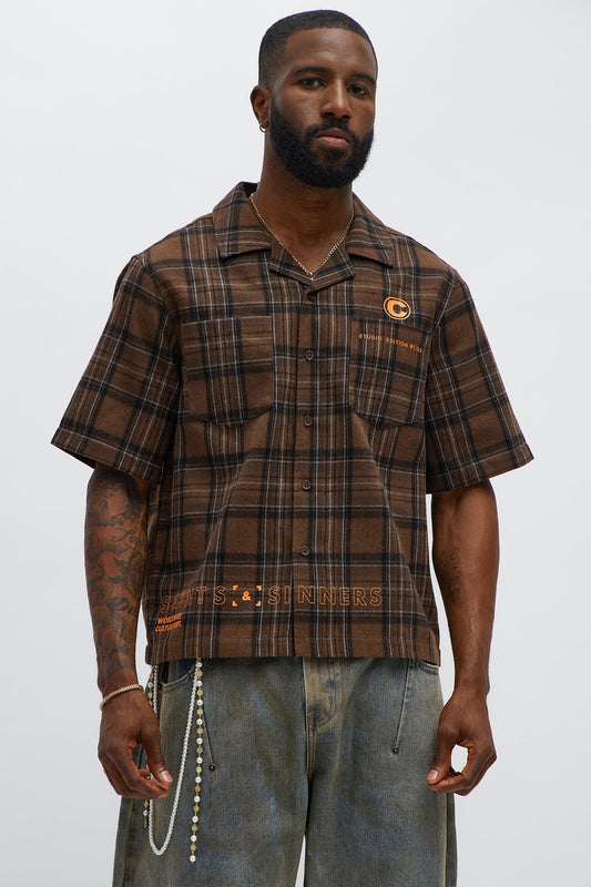 Culture Plaid Cropped Button Up Shirt - Brown Fashion Nova