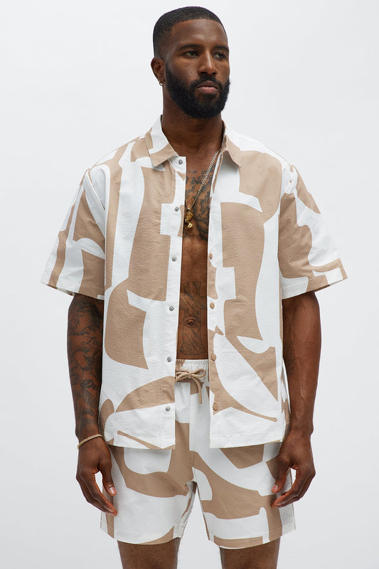 Seersucker Abstract Geo Printed Closed Collar Shirt - Tan/Multi Fashion Nova