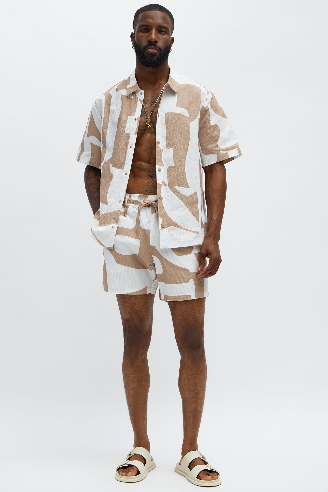 Seersucker Abstract Geo Printed Swim Trunk 6″ - Tan/Multi Fashion Nova