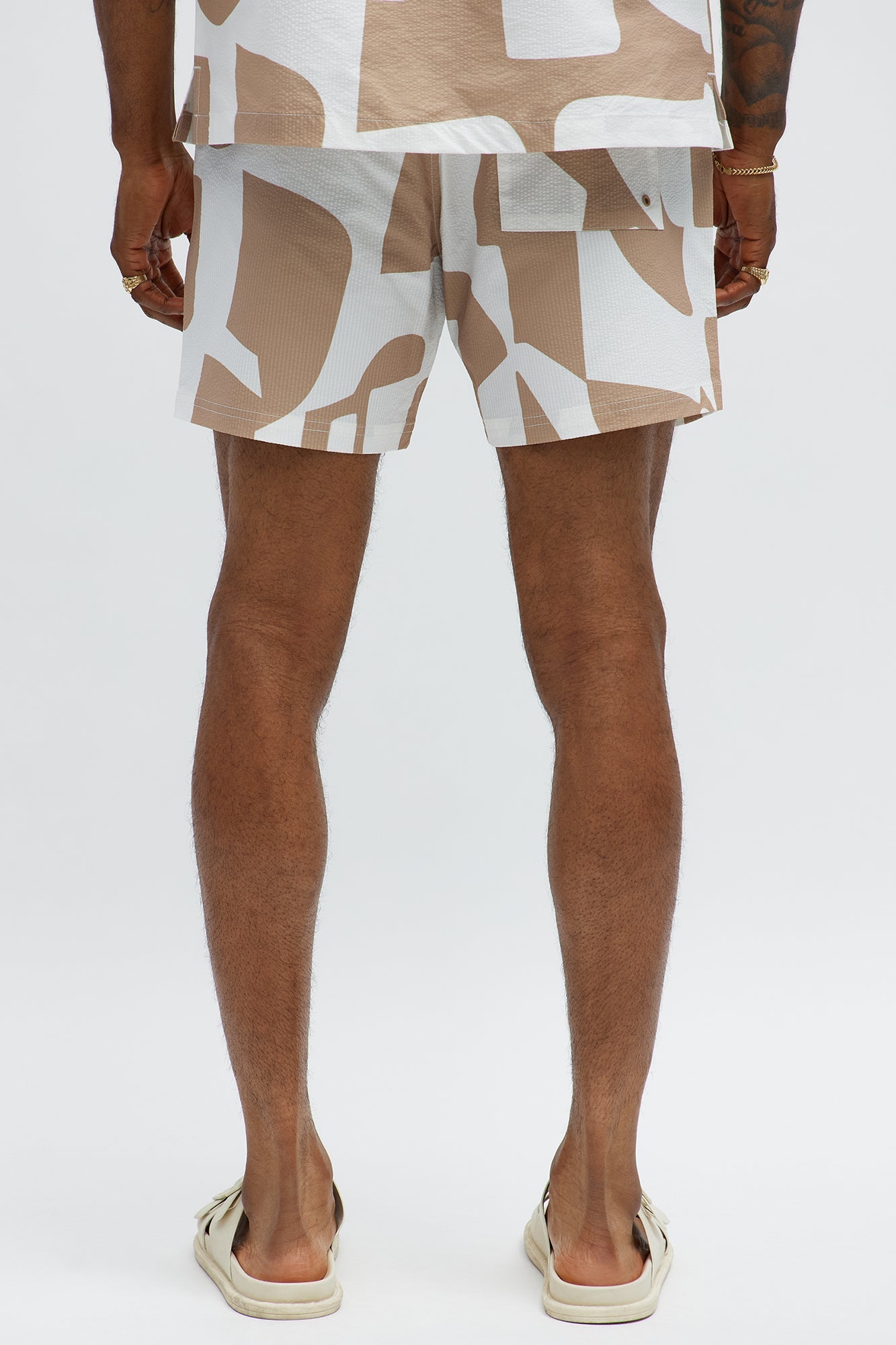 Seersucker Abstract Geo Printed Swim Trunk 6″ - Tan/Multi Fashion Nova