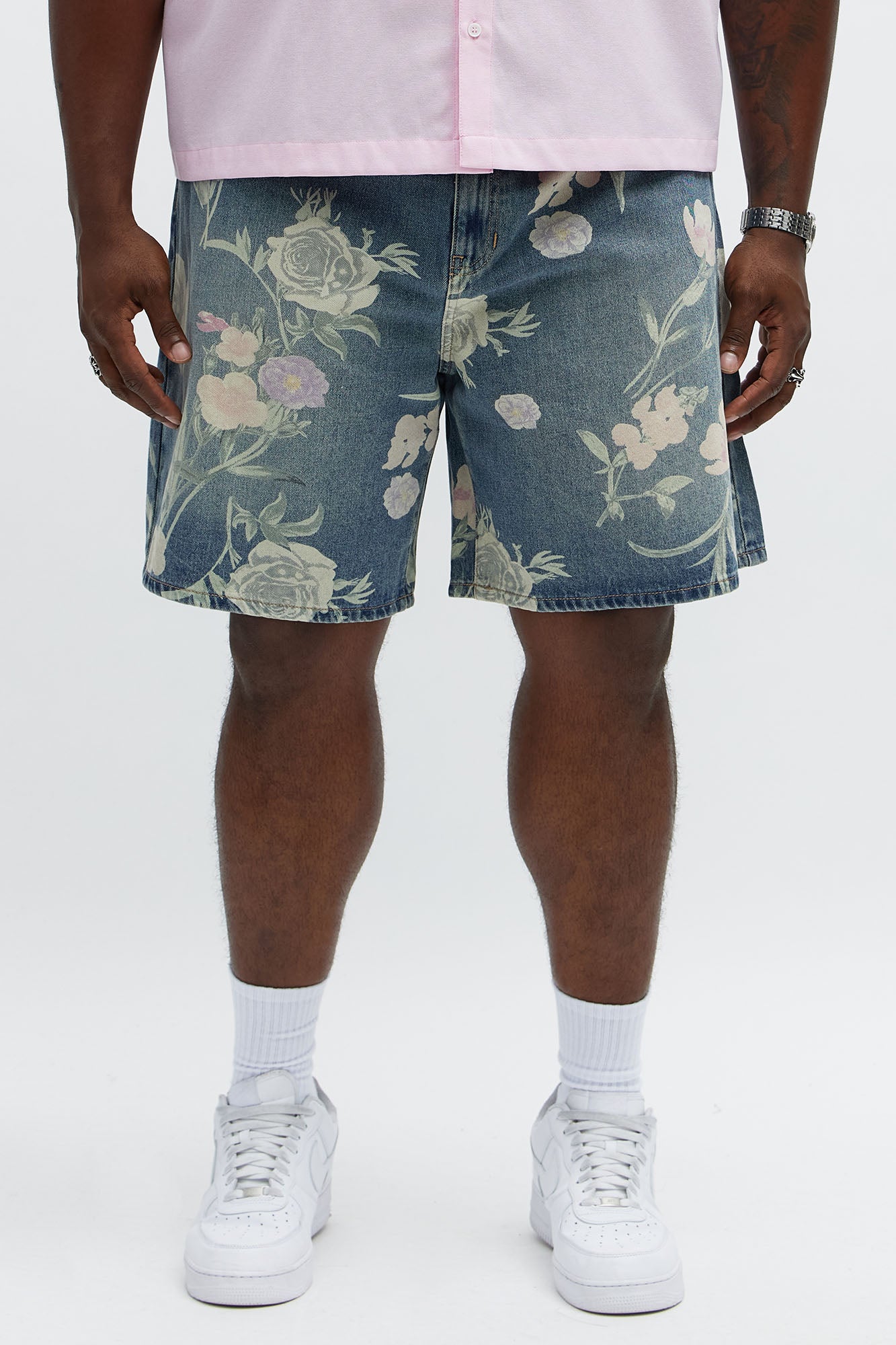 Relaxed Fallen Roses Denim Shorts - Medium Blue Wash Fashion Nova