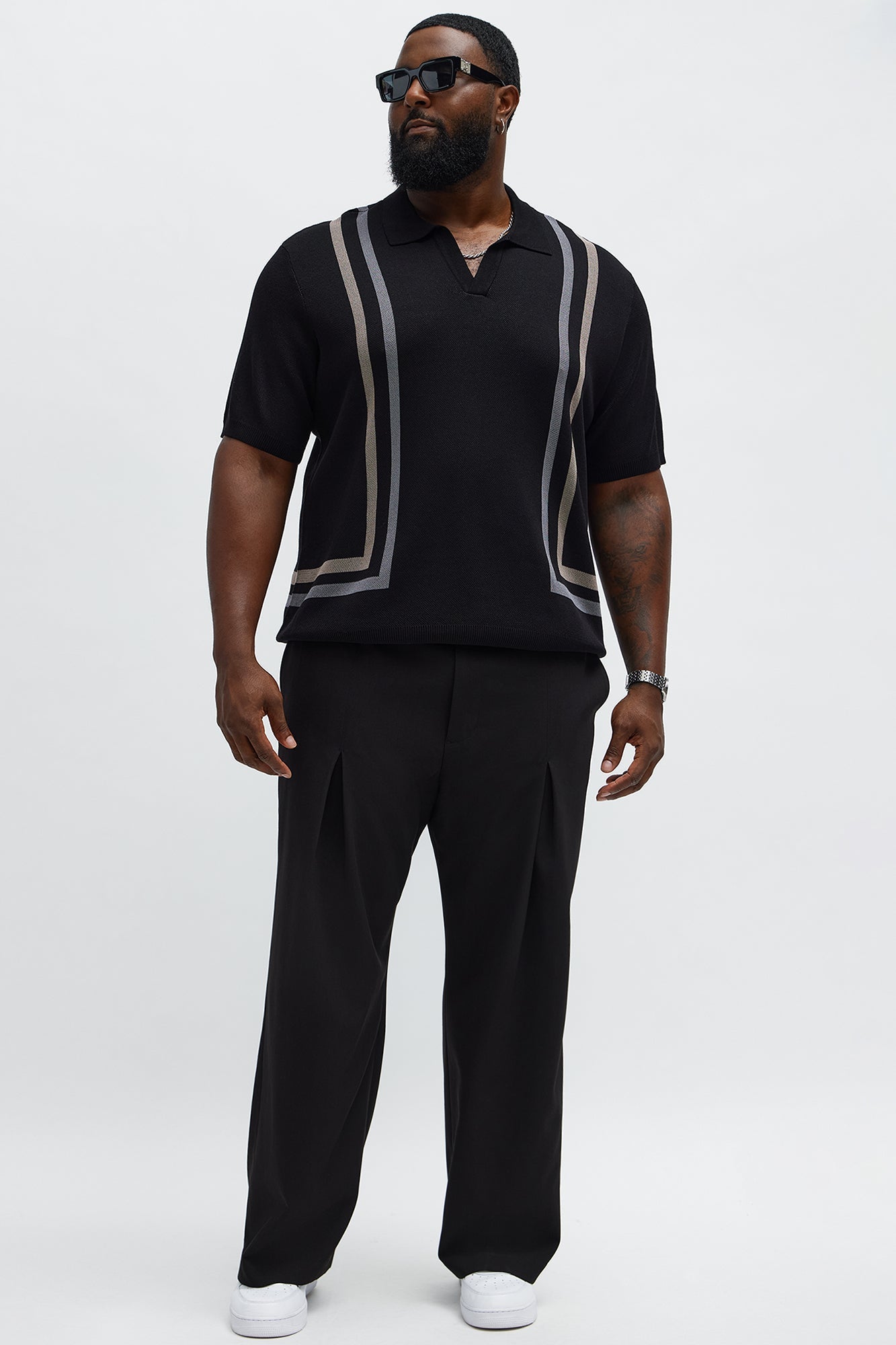 Seeing Lines Knit Johnny Collar Shirt - Black/combo Fashion Nova