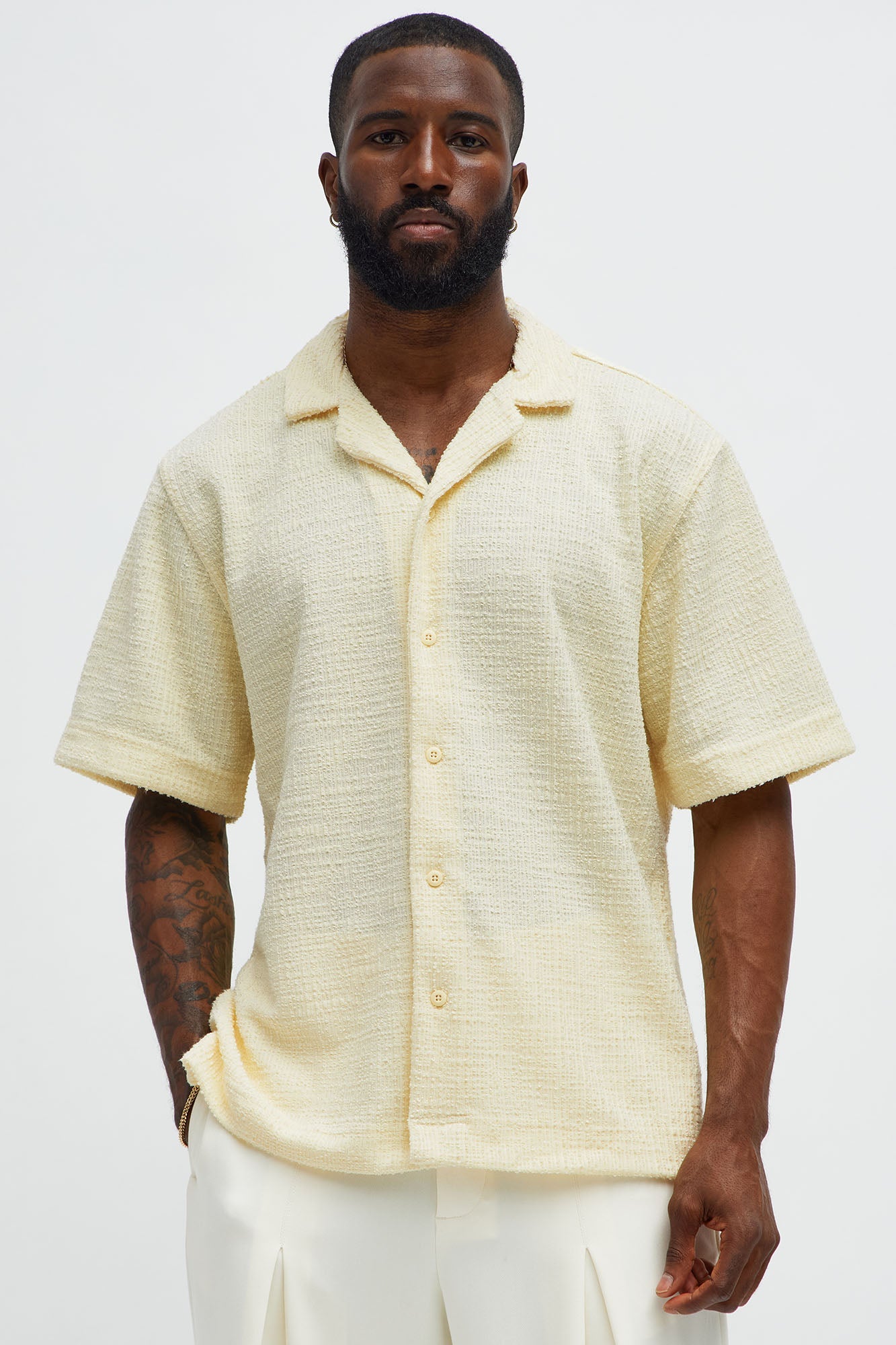 Slub Terry Cuban Button Up Shirt - Yellow Fashion Nova