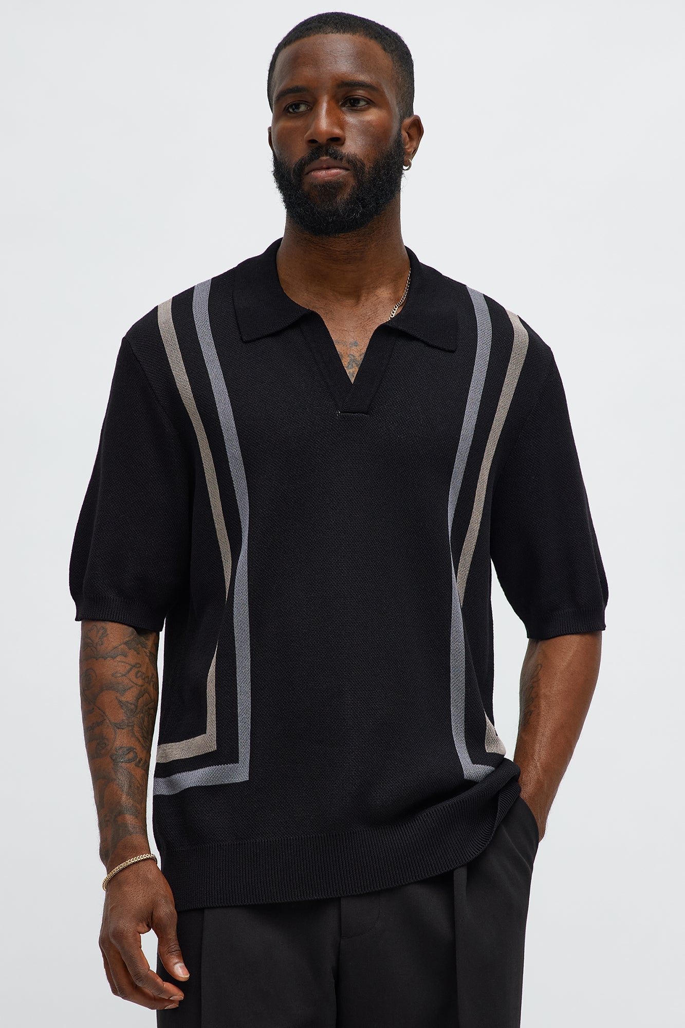 Seeing Lines Knit Johnny Collar Shirt - Black/combo Fashion Nova