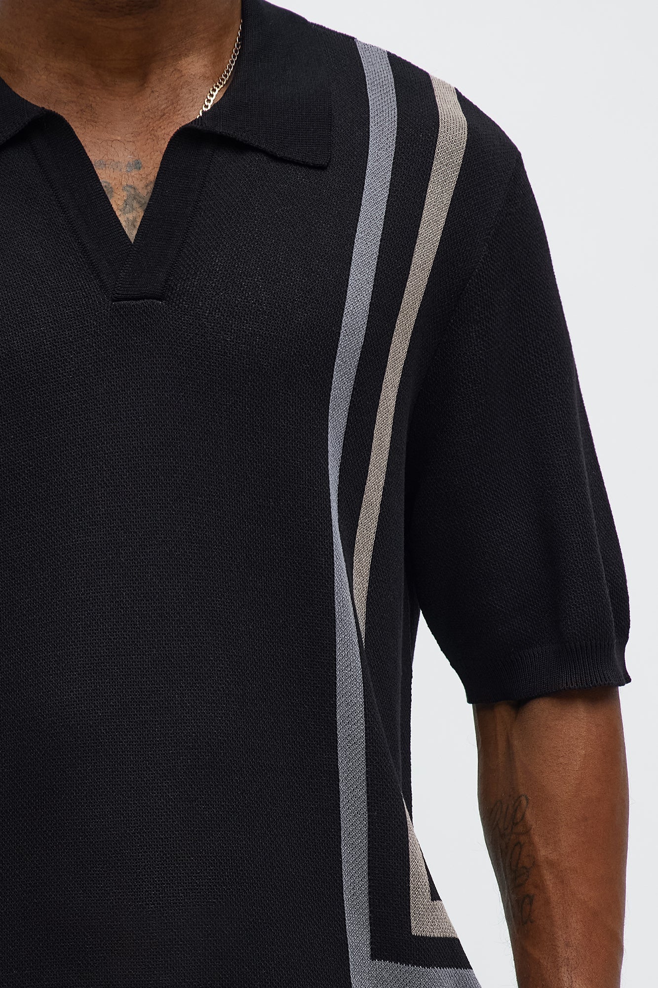 Seeing Lines Knit Johnny Collar Shirt - Black/combo Fashion Nova