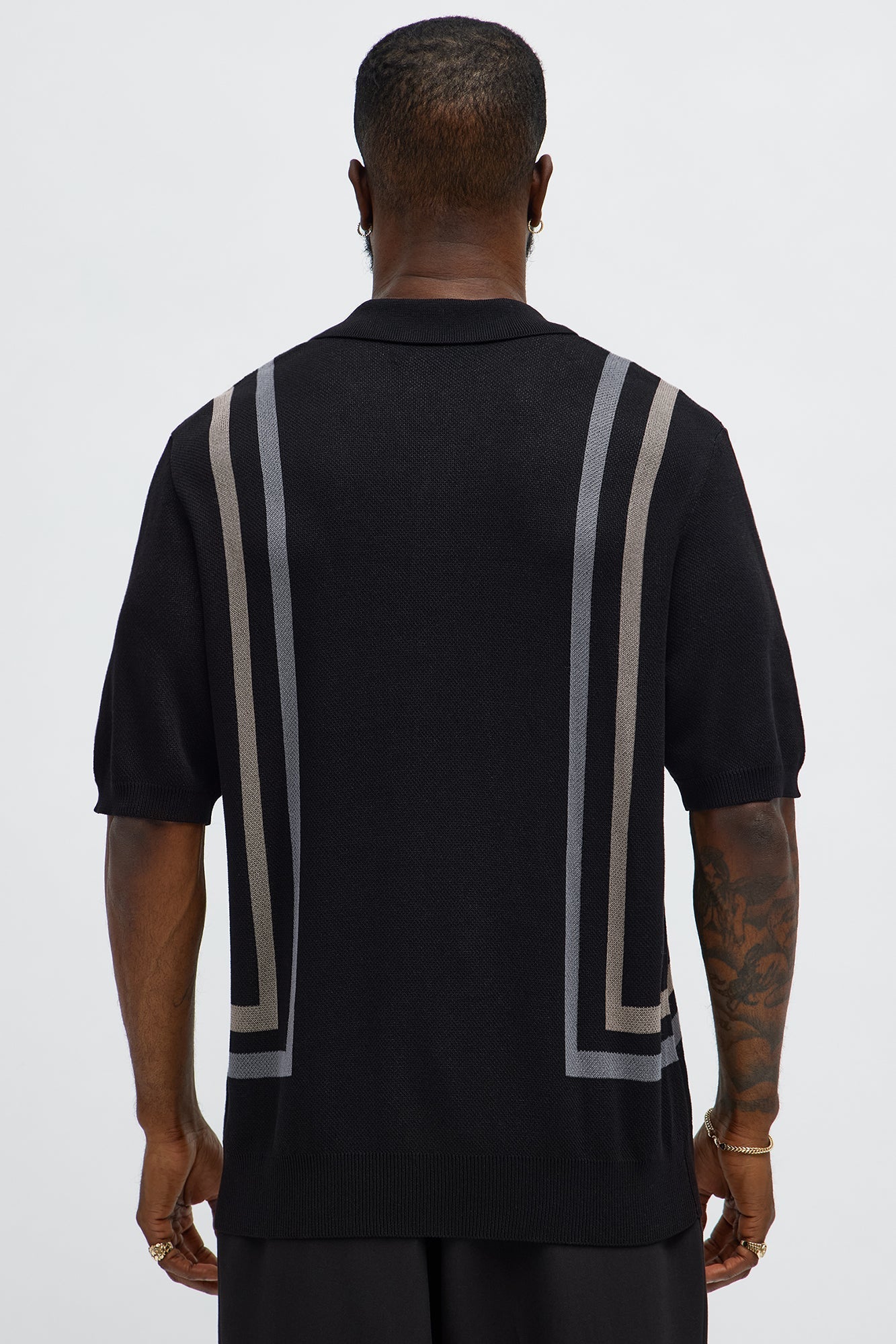 Seeing Lines Knit Johnny Collar Shirt - Black/combo Fashion Nova
