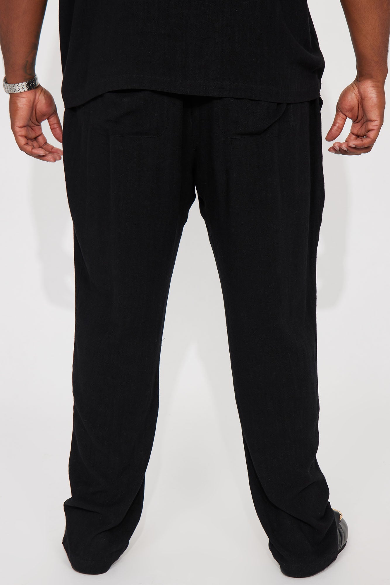 Solid Textured Linen Pull On Side Slit Pants - Black Fashion Nova