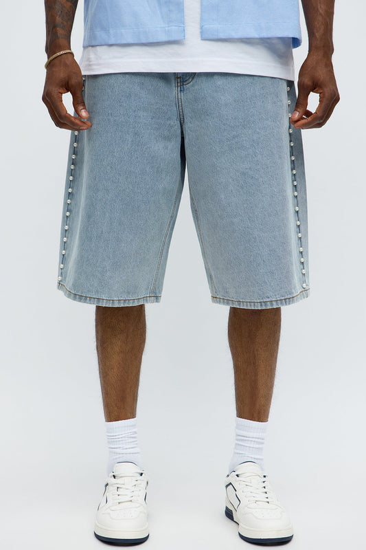 Baggy Pearls Along The Side Denim Short - Light Wash Fashion Nova