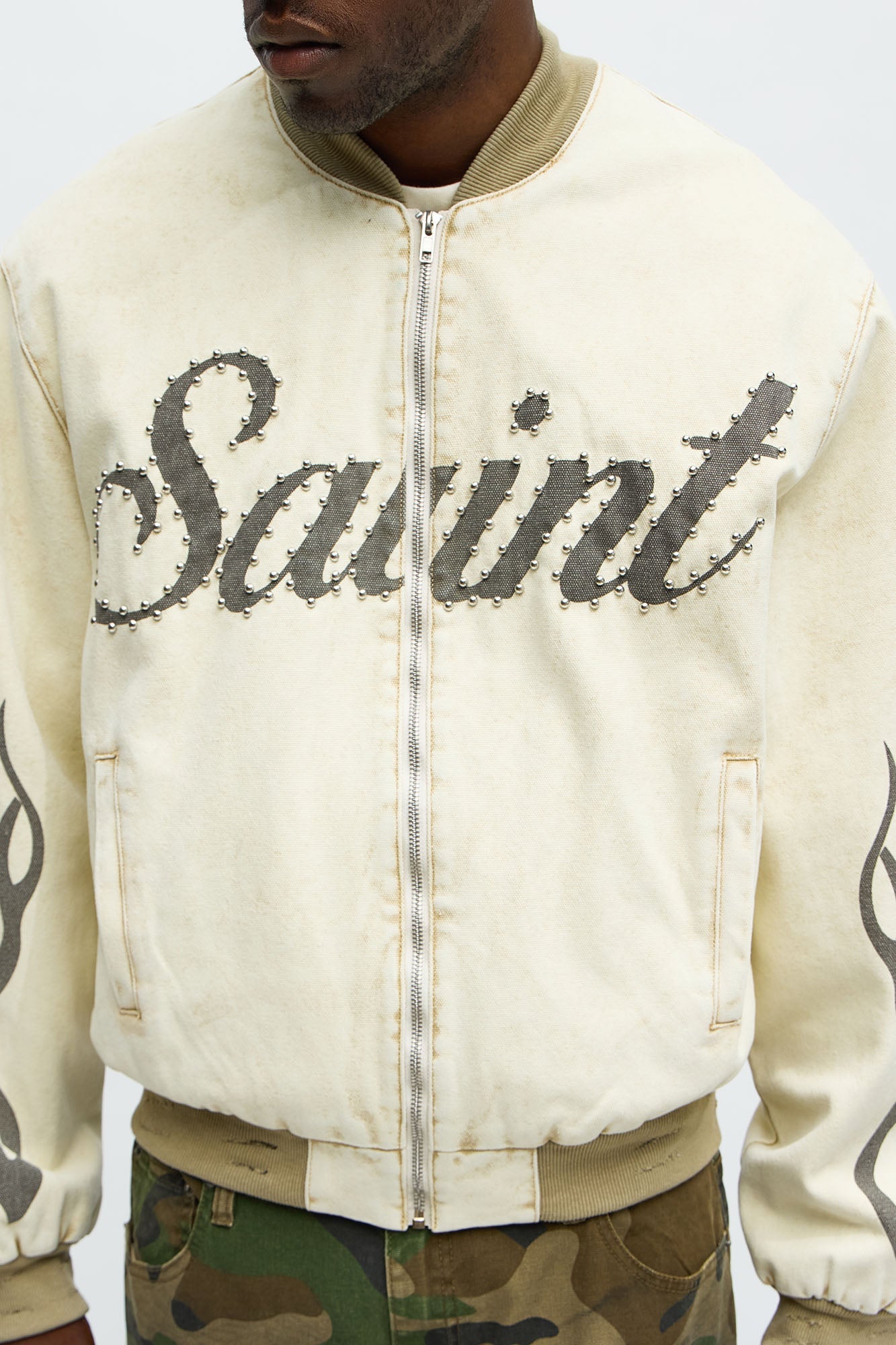 Oversized Studded Saint Utility Bomber Jacket - Stone/Combo Fashion Nova
