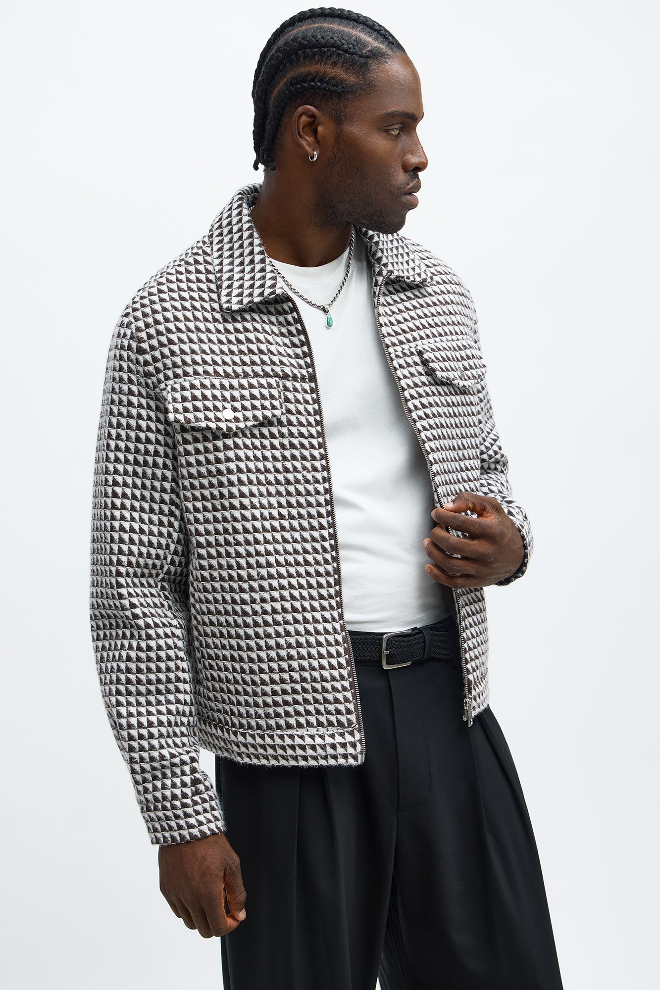 Textured Geometric Zip Jacket - Brown/combo Fashion Nova