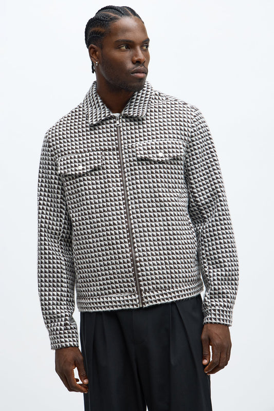 Textured Geometric Zip Jacket - Brown/combo Fashion Nova