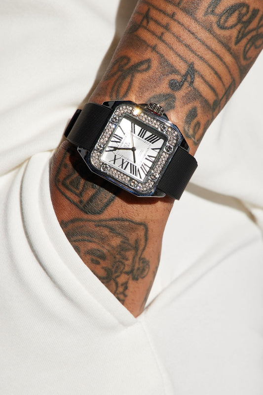 Time To Go Iced Watch - Silver/Black Fashion Nova