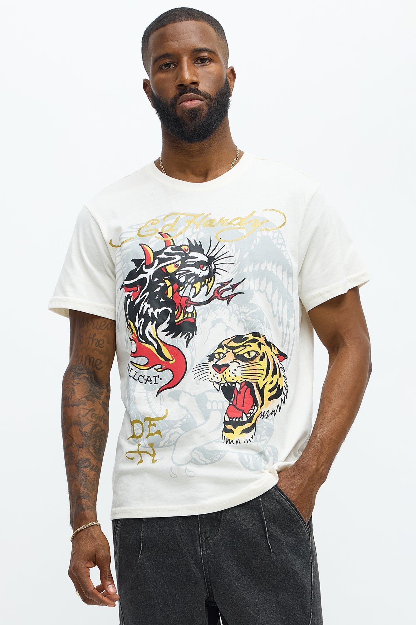 Ed Hardy Hellcat Tattoo Short Sleeve Tee - Ivory Fashion Nova