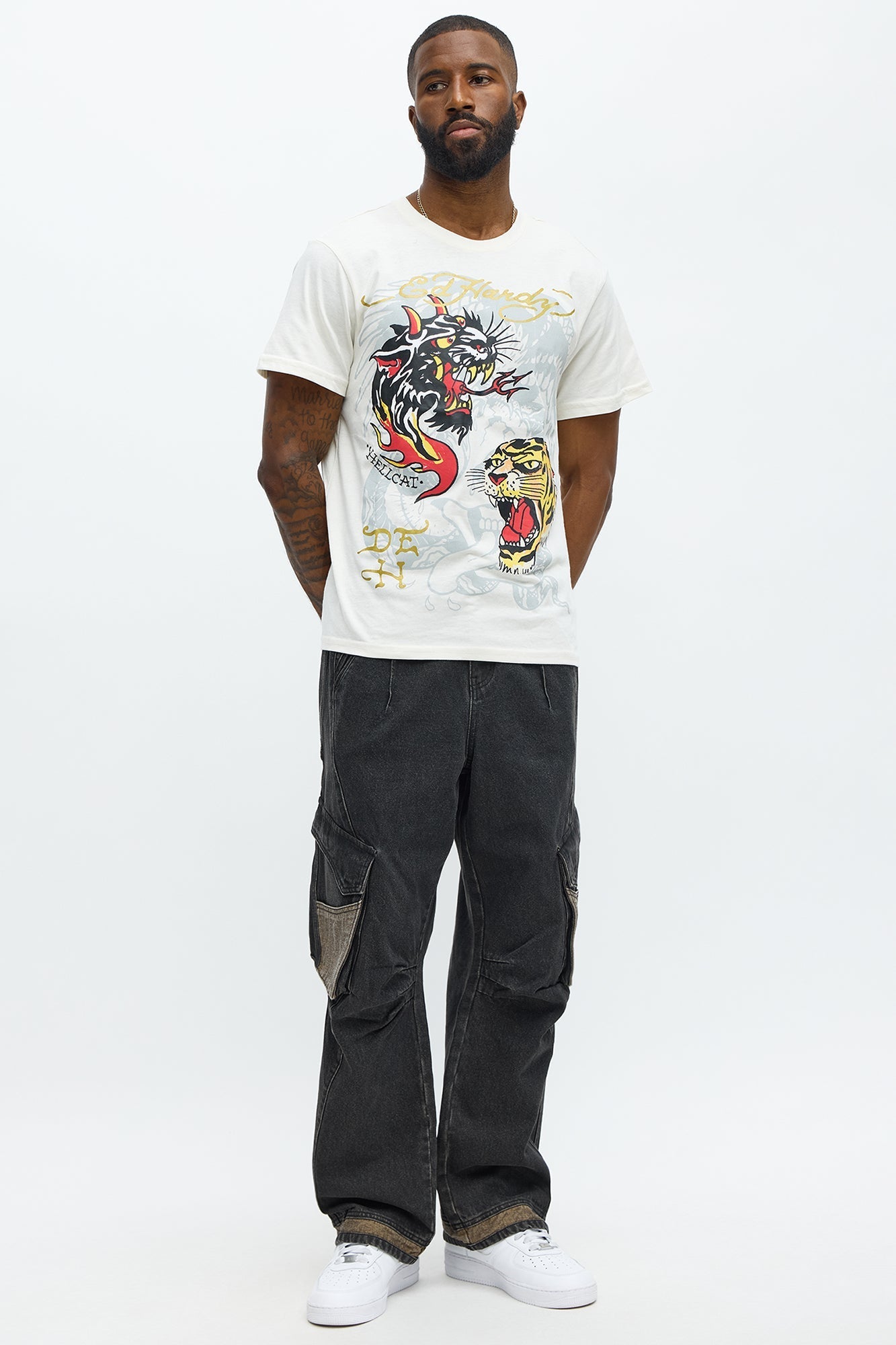 Ed Hardy Hellcat Tattoo Short Sleeve Tee - Ivory Fashion Nova