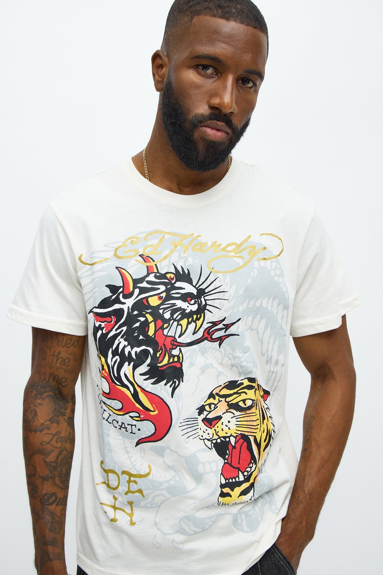 Ed Hardy Hellcat Tattoo Short Sleeve Tee - Ivory Fashion Nova