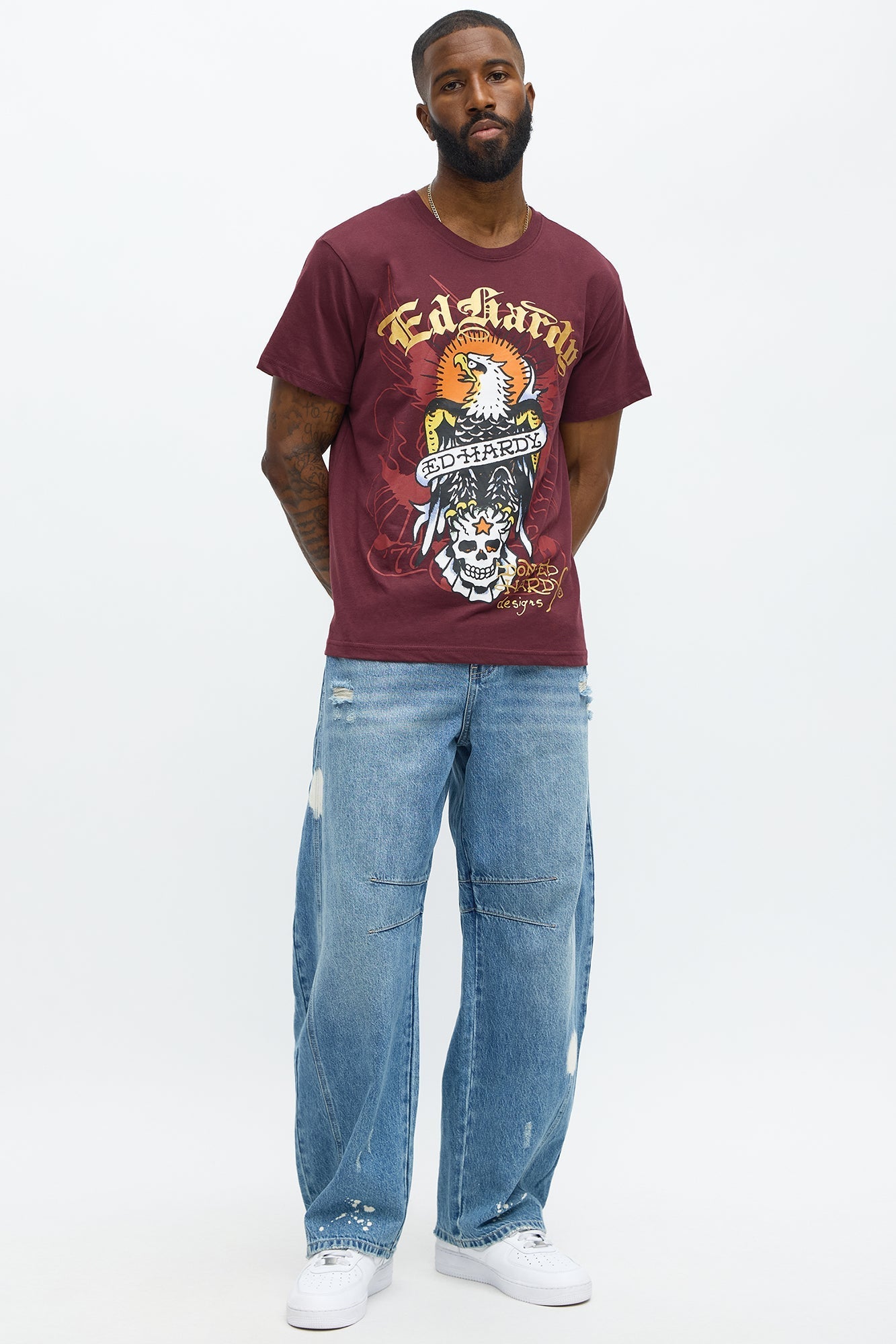 Ed Hardy Eagle Design Short Sleeve Tee - Burgundy Fashion Nova