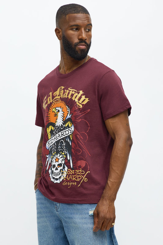 Ed Hardy Eagle Design Short Sleeve Tee - Burgundy Fashion Nova