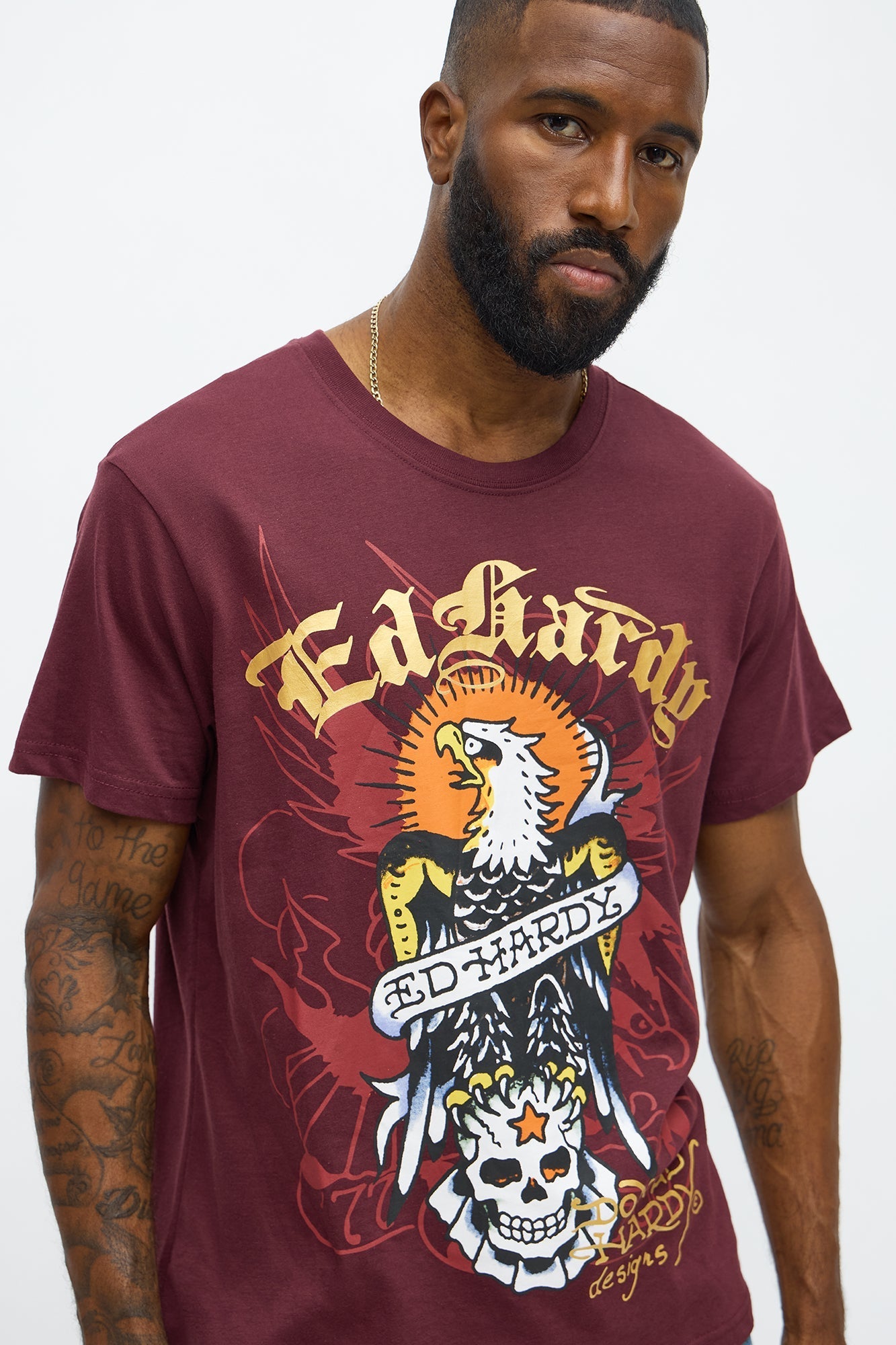 Ed Hardy Eagle Design Short Sleeve Tee - Burgundy Fashion Nova