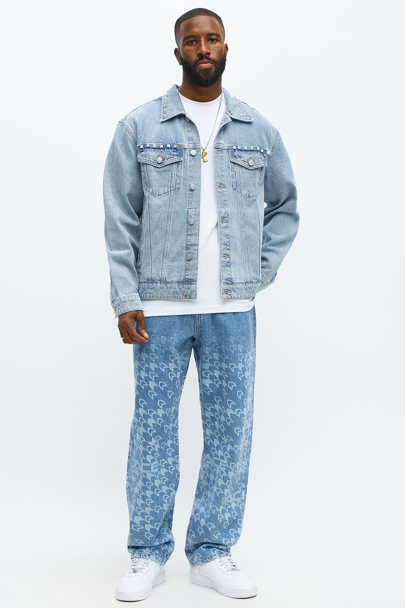 Not The Bad Guy Studded Trucker Jacket - Light Blue Wash Fashion Nova
