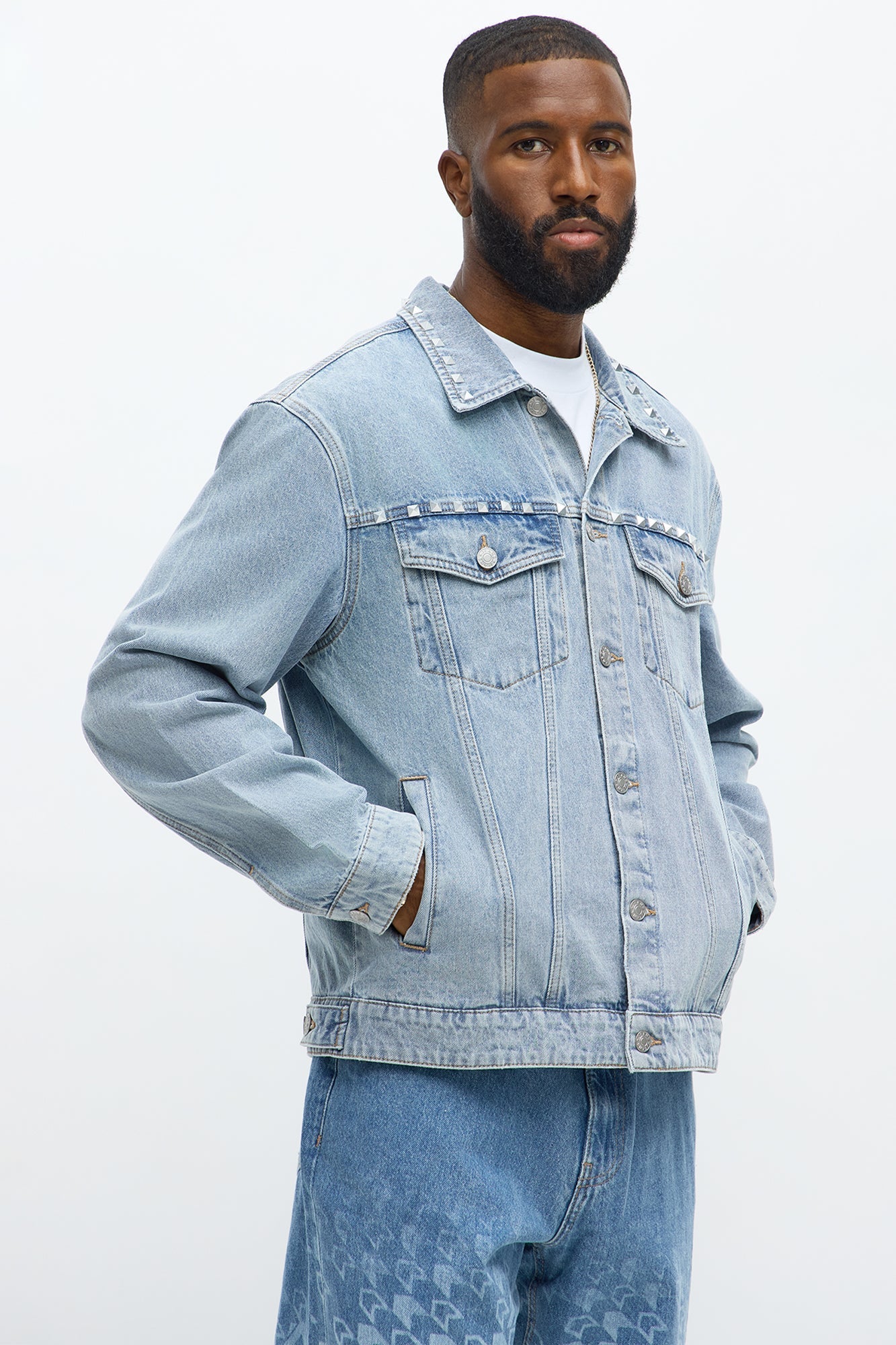 Not The Bad Guy Studded Trucker Jacket - Light Blue Wash Fashion Nova