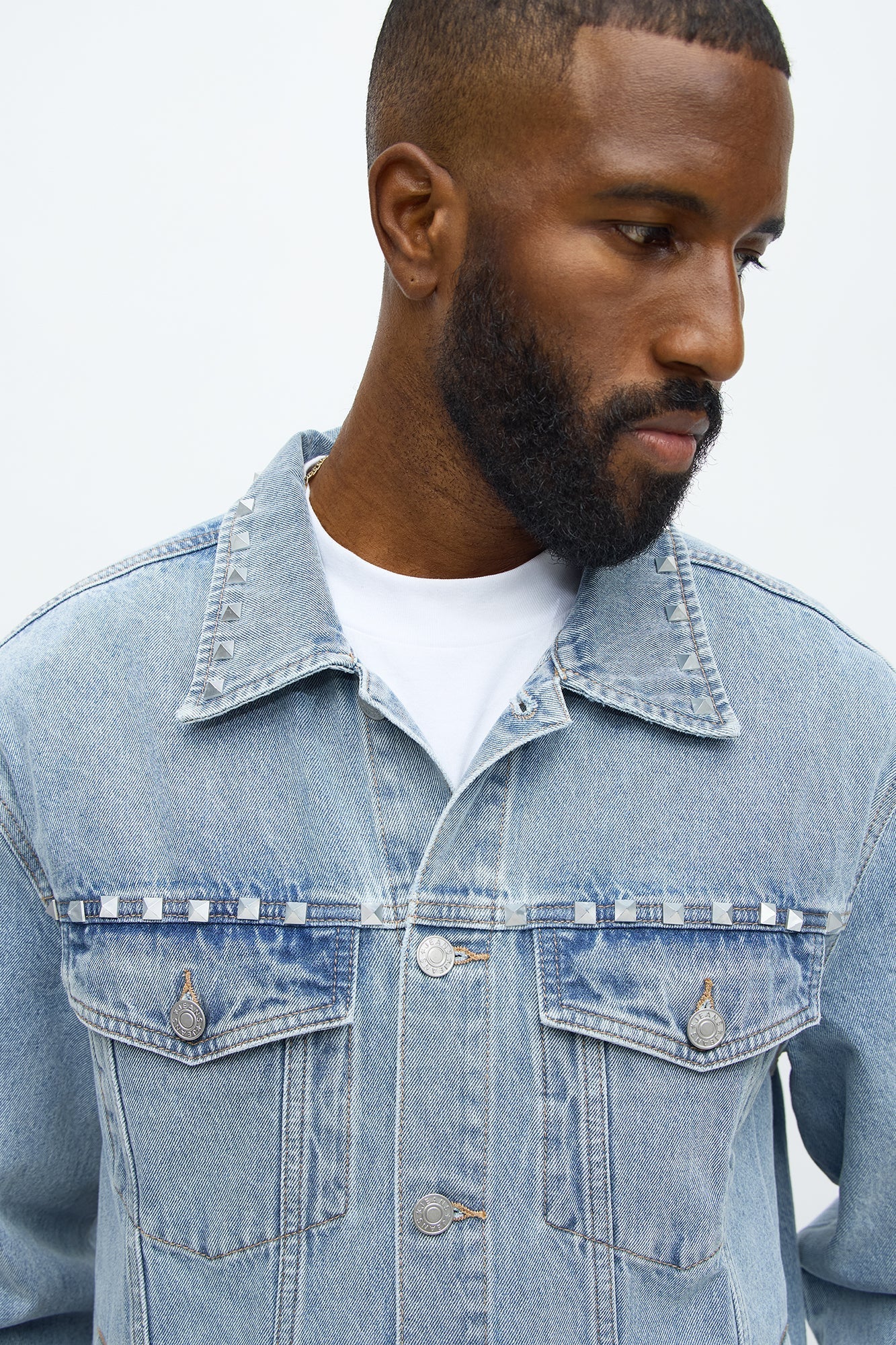 Not The Bad Guy Studded Trucker Jacket - Light Blue Wash Fashion Nova