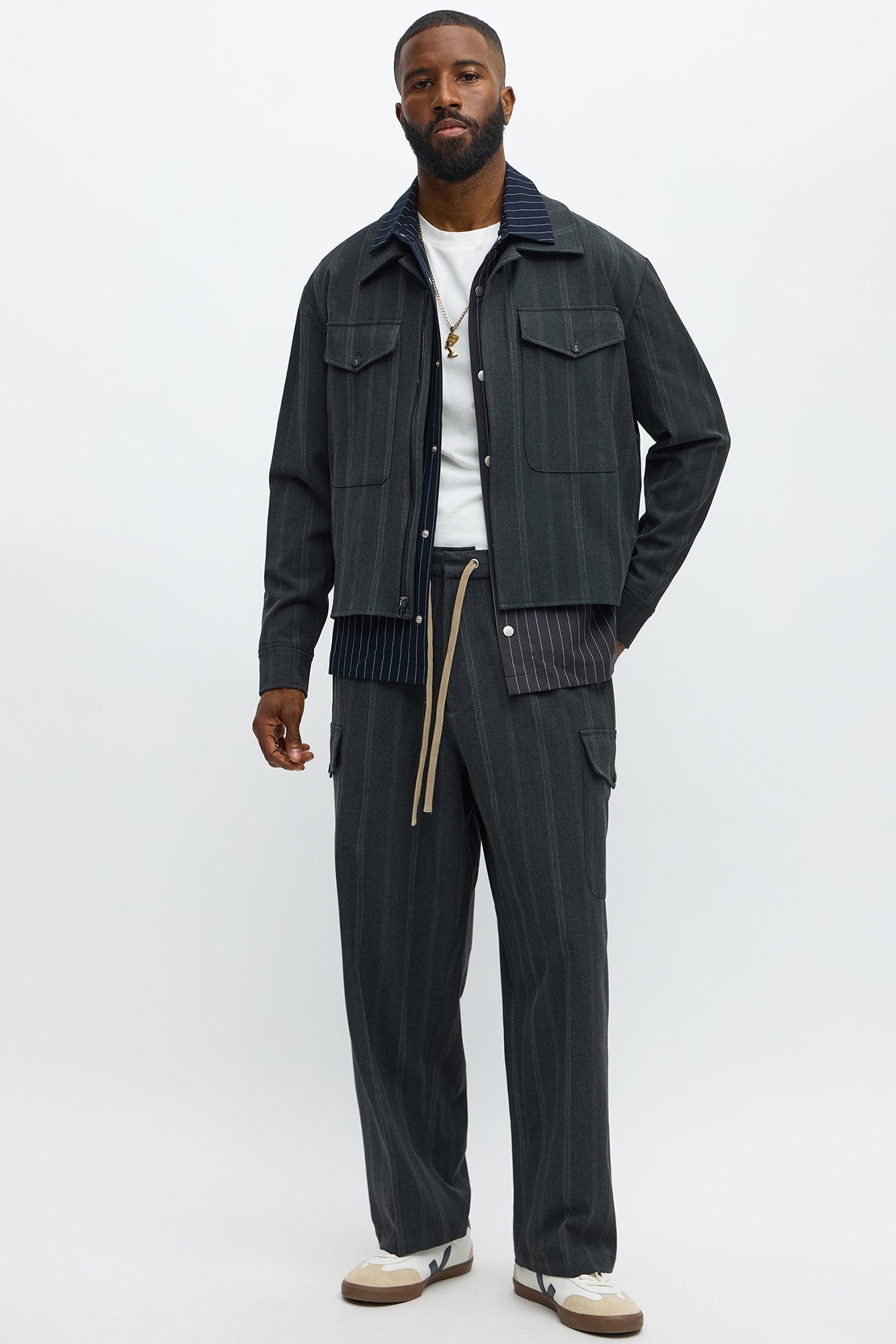 Relaxed Striped Suiting Bomber Jacket - Grey/combo Fashion Nova