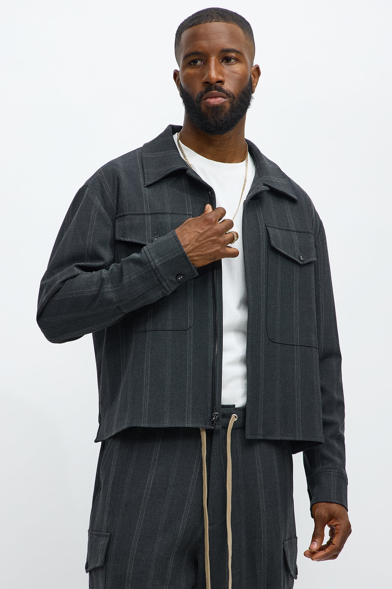 Relaxed Striped Suiting Bomber Jacket - Grey/combo Fashion Nova