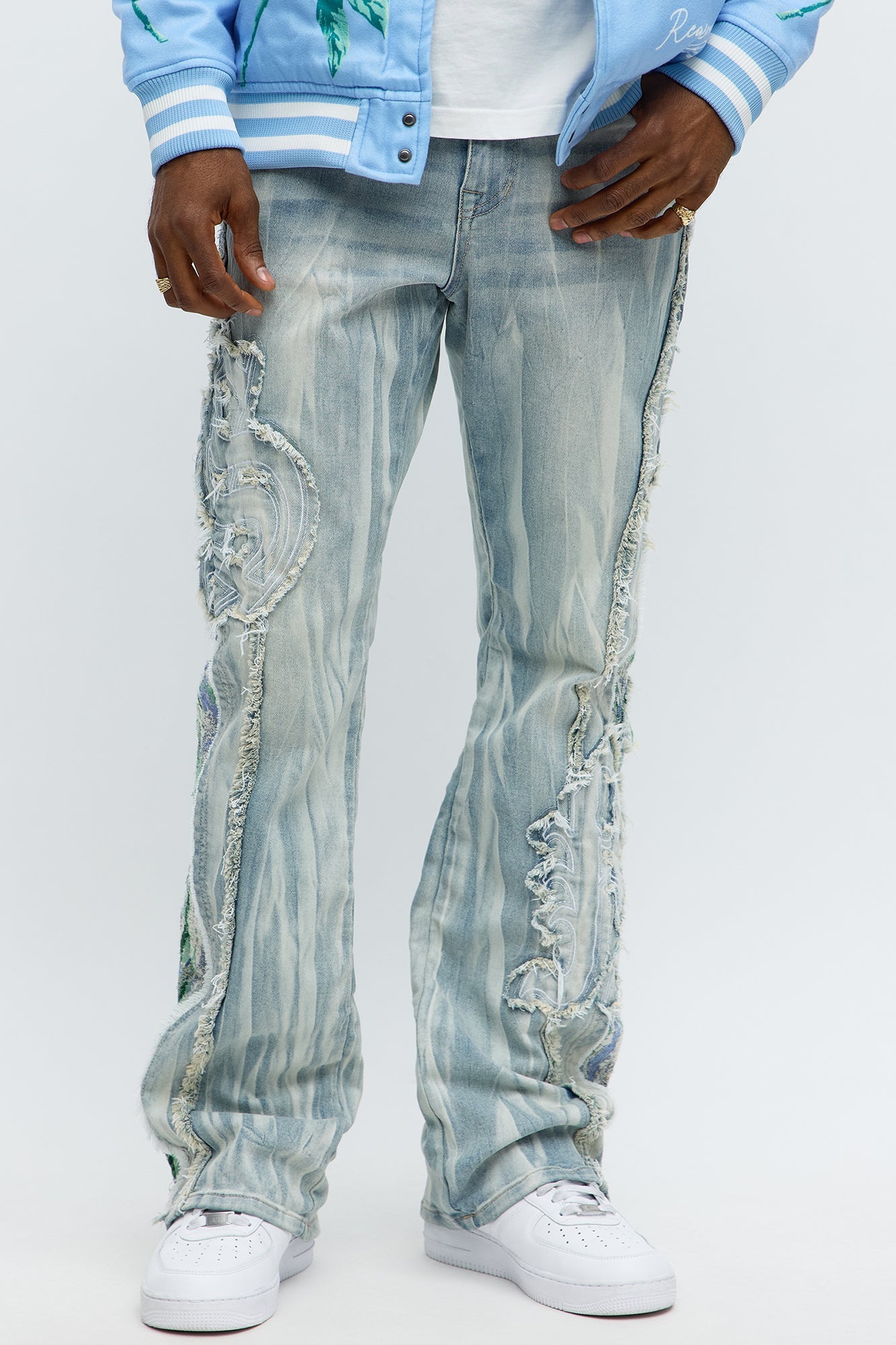 Stacked Skinny Flare Gray With Tapestry Sides Jean - Light Blue Wash Fashion Nova