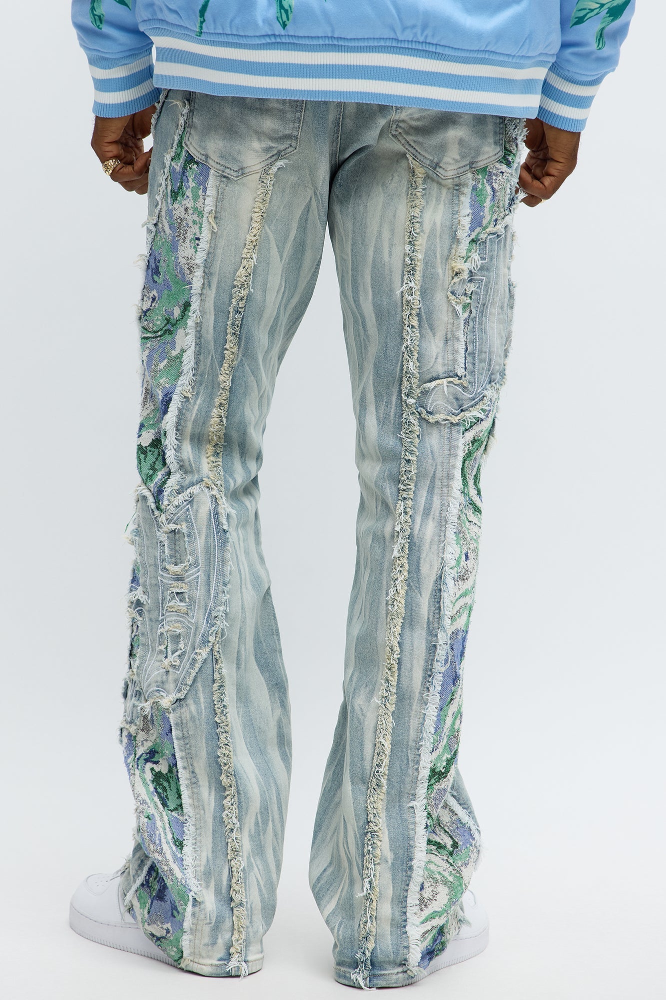 Stacked Skinny Flare Gray With Tapestry Sides Jean - Light Blue Wash Fashion Nova