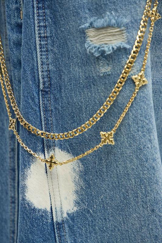 Cross & Cuban Double Pant Chain - Gold Fashion Nova