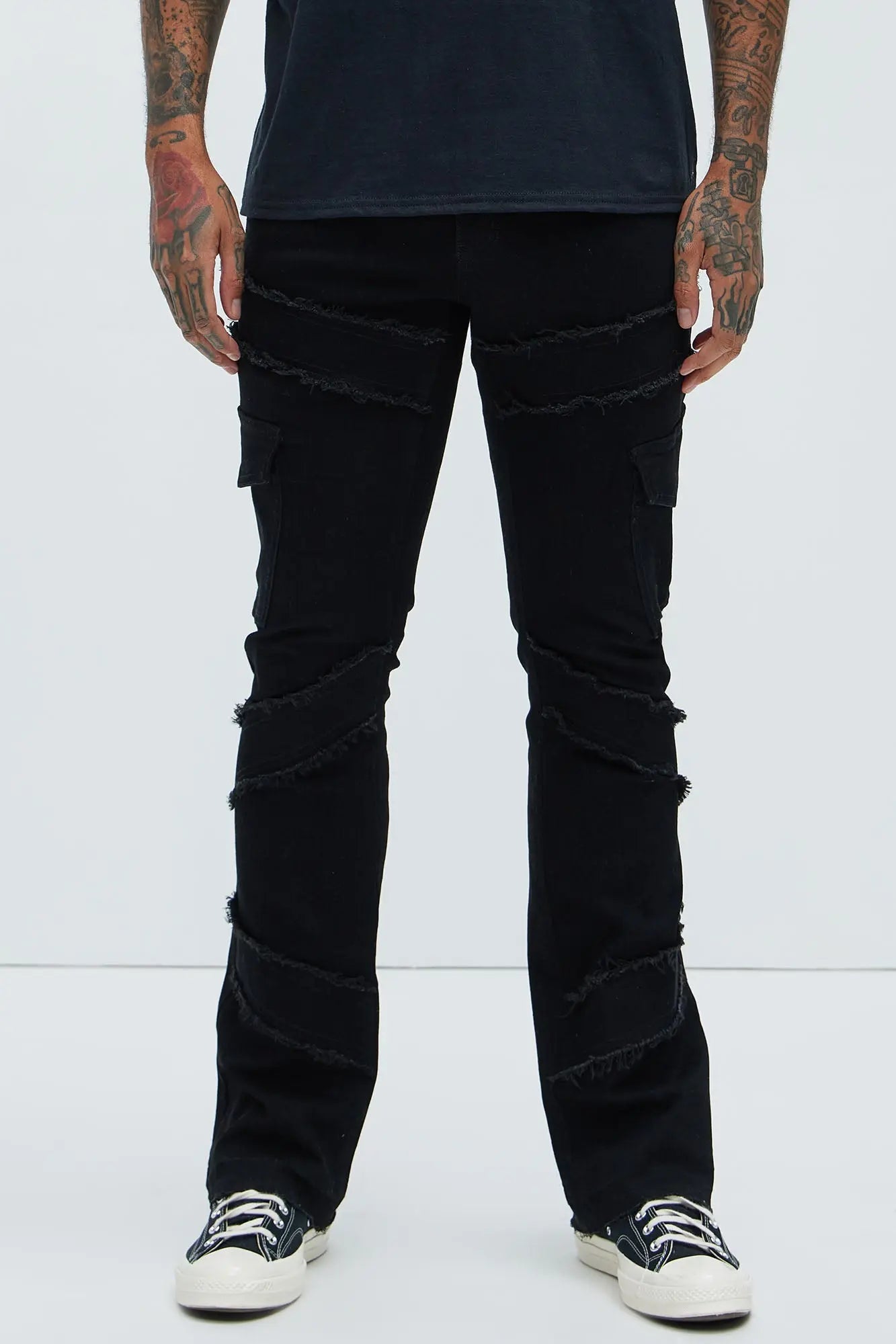 Simi Fray Cargo Stacked Skinny Flare Jeans - Black Fashion Nova