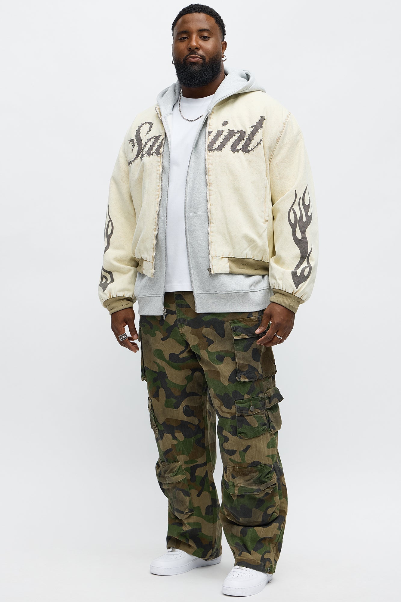 Oversized Studded Saint Utility Bomber Jacket - Stone/Combo Fashion Nova