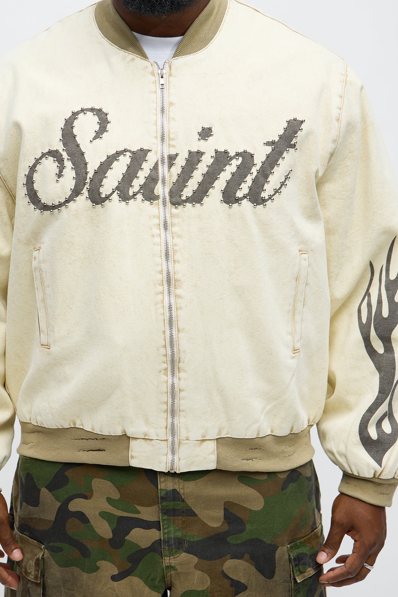 Oversized Studded Saint Utility Bomber Jacket - Stone/Combo Fashion Nova
