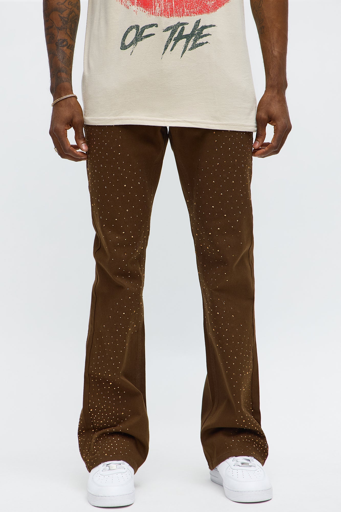 Stacked Skinny Flare Be Jeweled Up Pants - Brown Fashion Nova