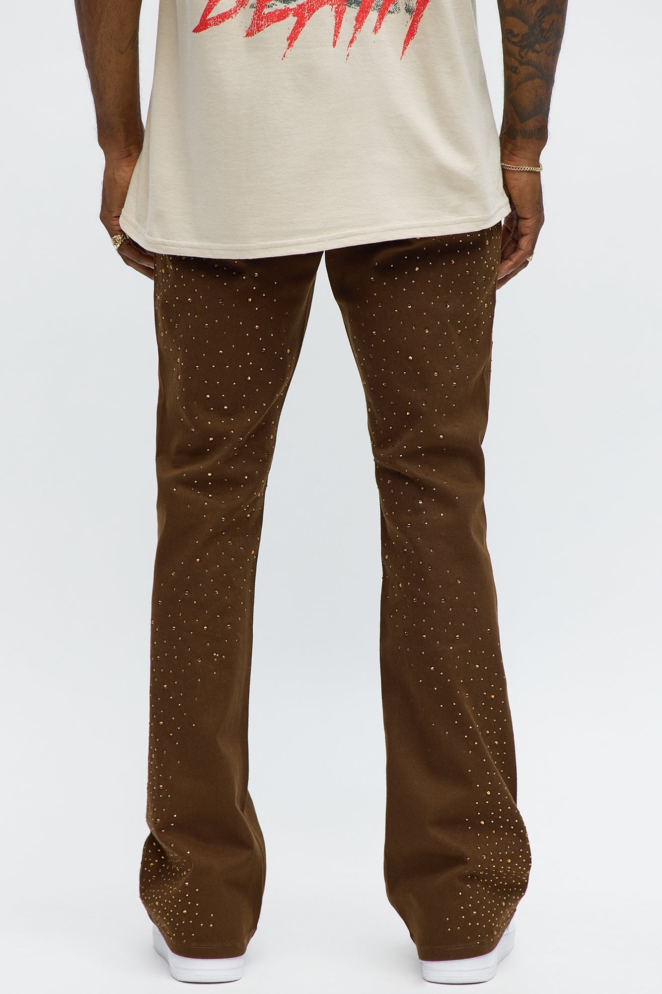 Stacked Skinny Flare Be Jeweled Up Pants - Brown Fashion Nova