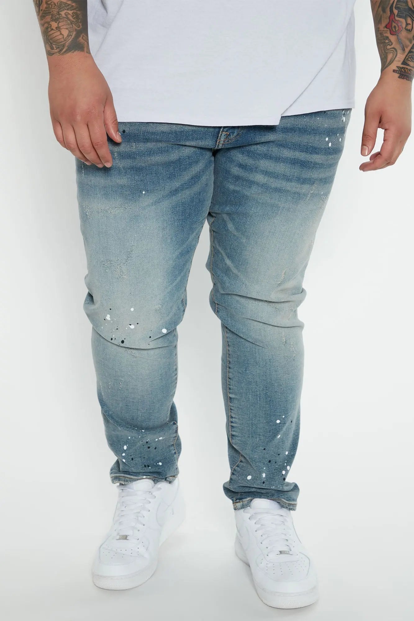 Ripped And Bleach Splatter Slim Jeans - Light Blue Wash Fashion Nova