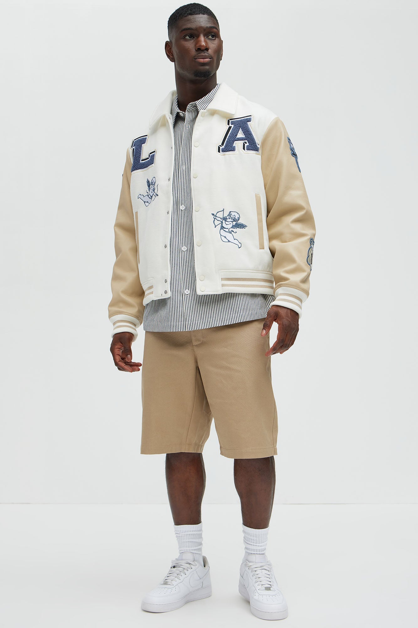 LA Patchwork Varsity Jacket - Cream/combo Fashion Nova